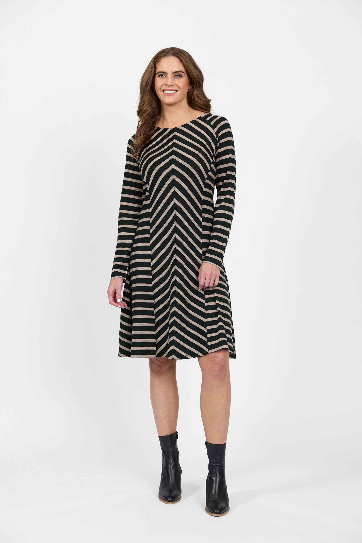 6107 Forest/Twig Stripe - 100% Merino Long Sleeve Swing Dress - Vassalli