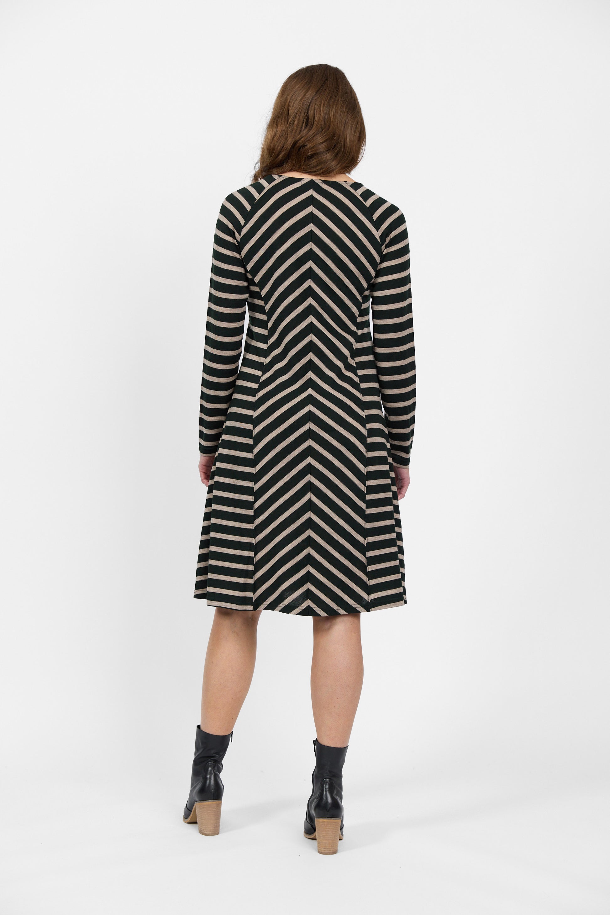 6107 Forest/Twig Stripe - 100% Merino Long Sleeve Swing Dress - Vassalli