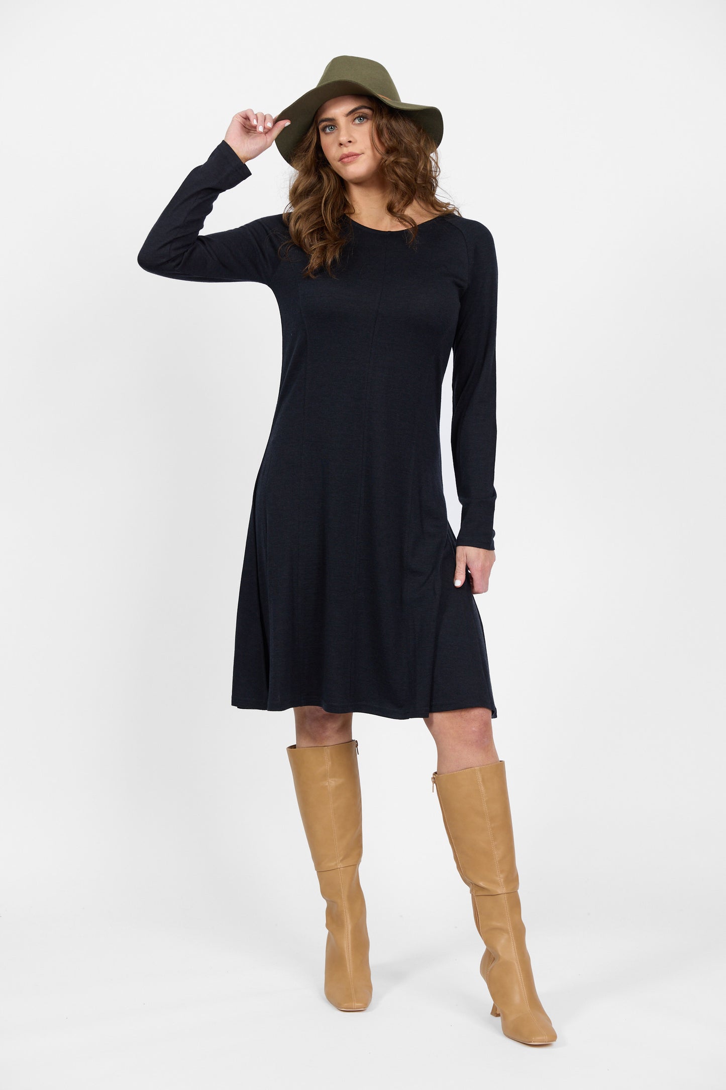 6107 Midnight - 100% Merino Long Sleeve Swing Dress - Vassalli