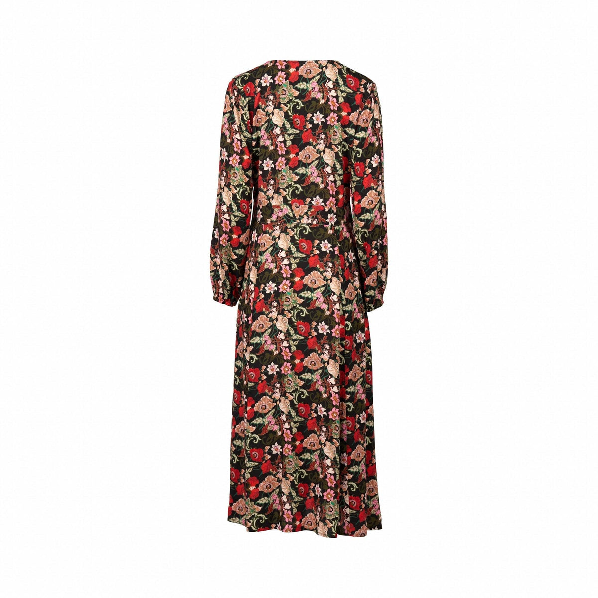 The Vassalli V-Neck Dress - Flamenco features long sleeves, an ankle-length A-line skirt, and a black base with vibrant red, pink, and beige floral prints. Shown from the back.