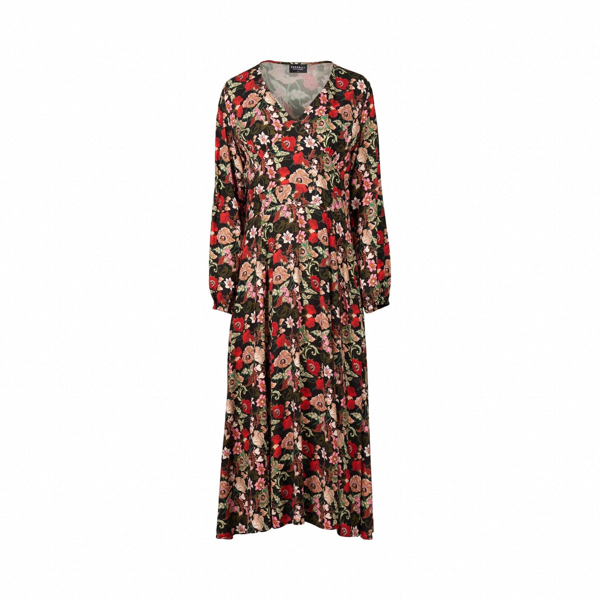 The Vassalli V-Neck Dress - Flamenco showcases a vibrant floral print in red, pink, and green on black, with long sleeves and an ankle-length A-line skirt.