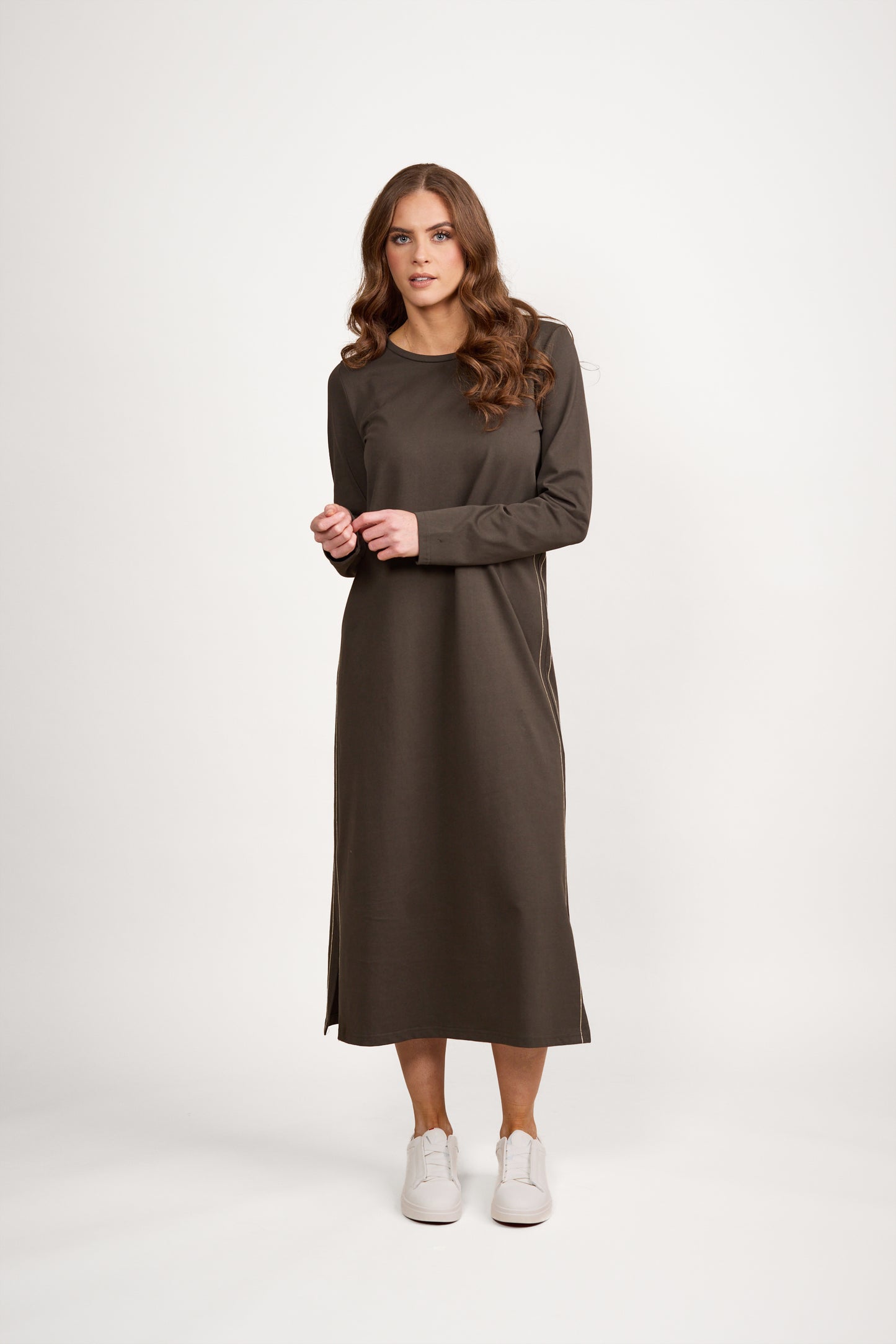 6110 Moss/Cream - Long Sleeve Knit Dress with Tie Back and Contrast Stitch Detail - Vassalli