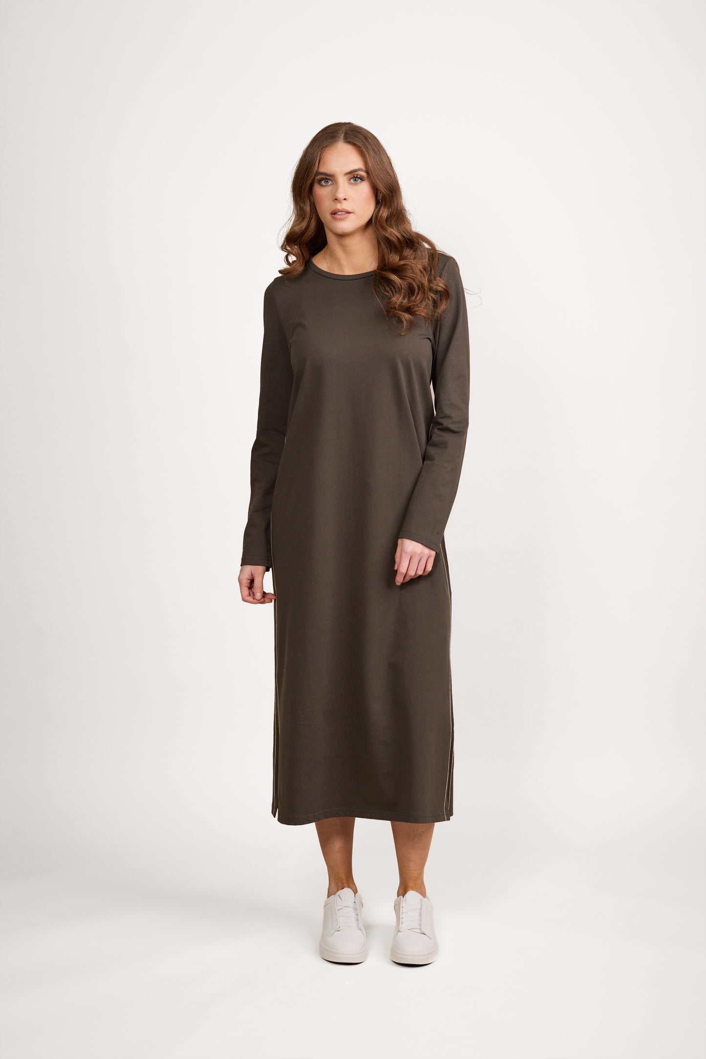 6110 Moss/Cream - Long Sleeve Knit Dress with Tie Back and Contrast Stitch Detail - Vassalli