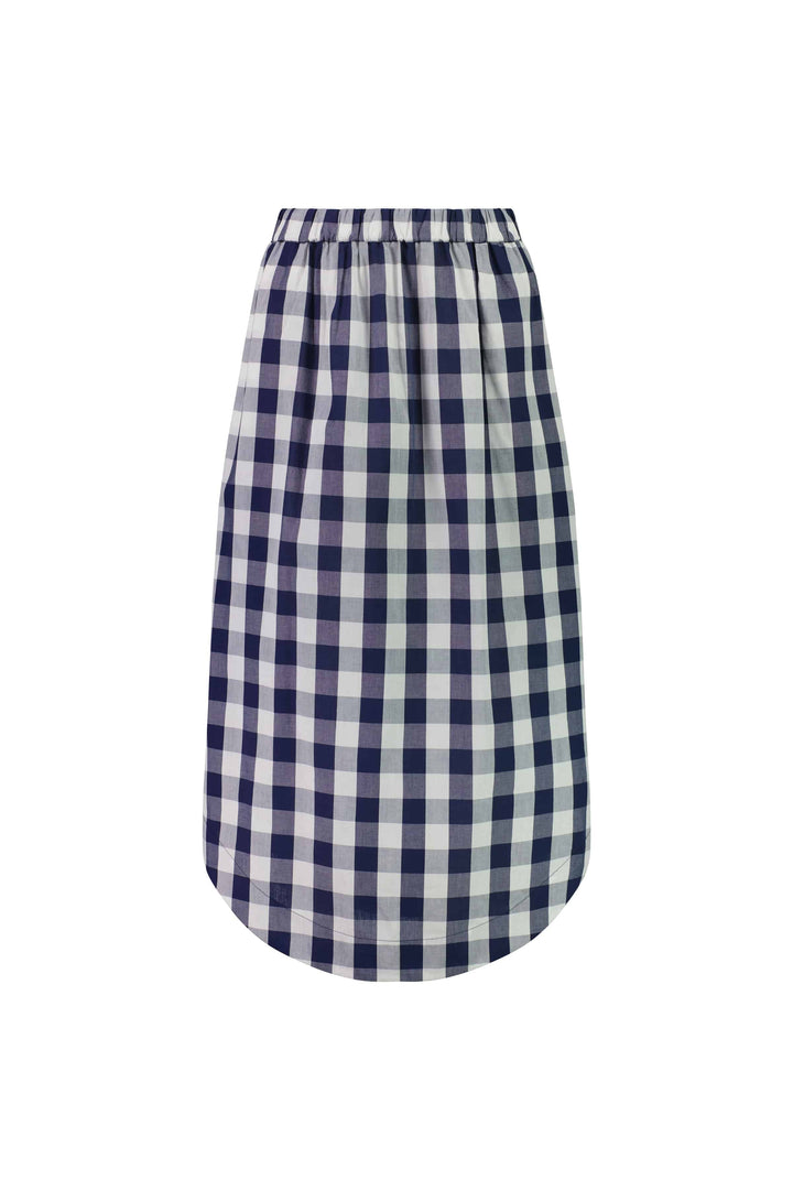 7045 Navy Check - Pull-On Mid Length Skirt With Pockets - Vassalli