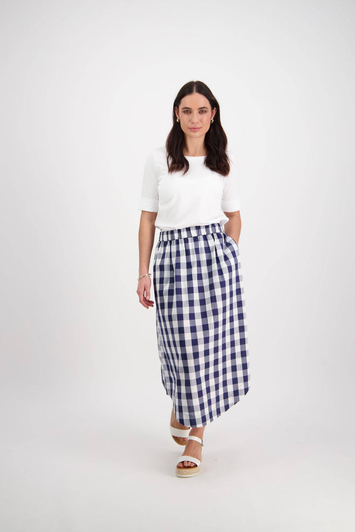 7045 Navy Check - Pull-On Mid Length Skirt With Pockets - Vassalli
