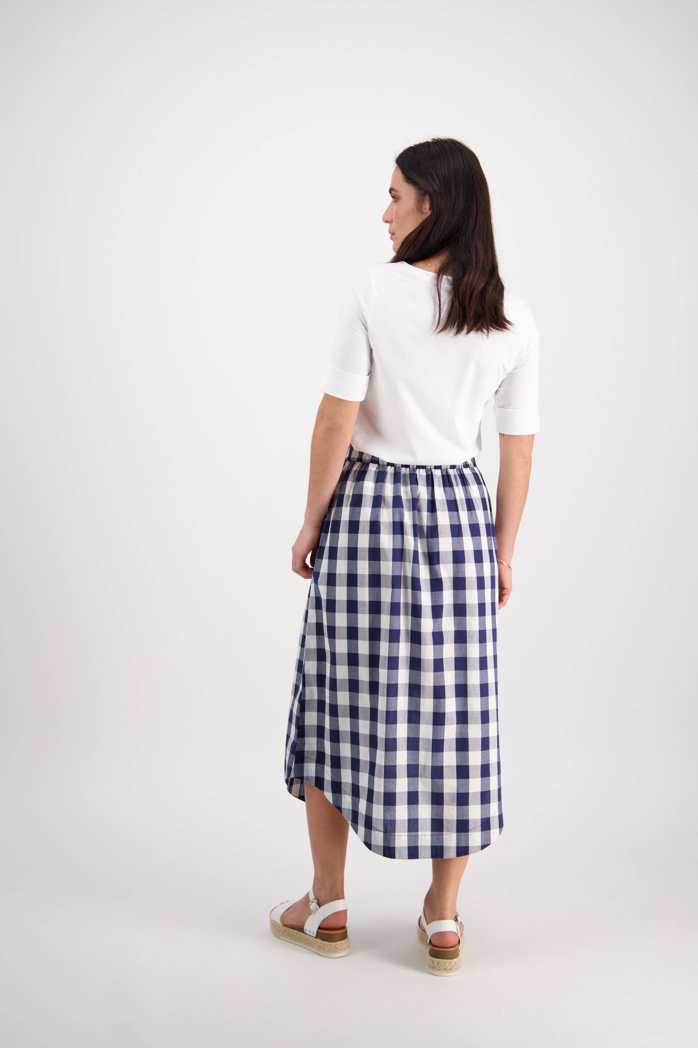 7045 Navy Check - Pull-On Mid Length Skirt With Pockets - Vassalli