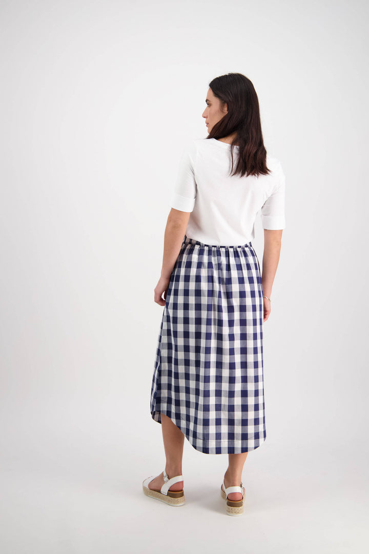 7045 Navy Check - Pull-On Mid Length Skirt With Pockets - Vassalli