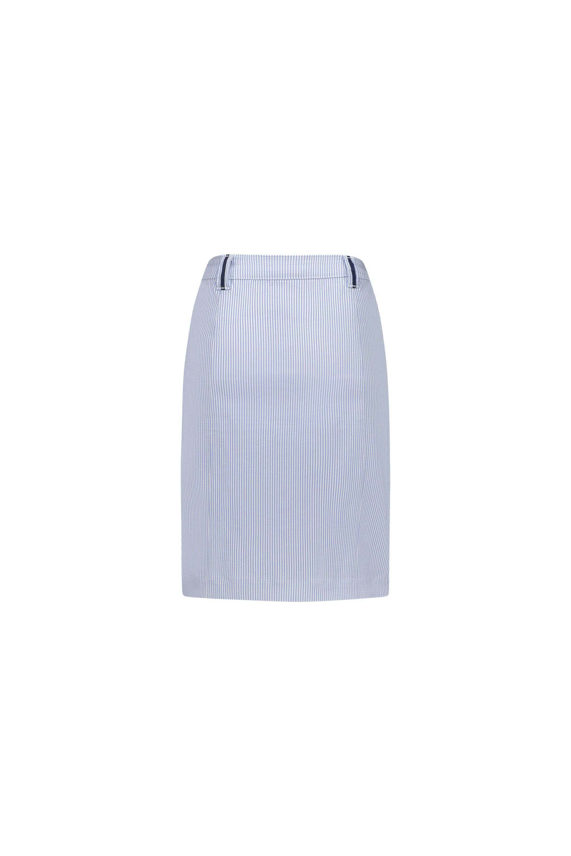 The Vassalli Orion Skirt - Blue Stripe is a light blue and white pinstriped straight-fit mini skirt in stretch fabric, featuring two small horizontal belt loops at the waist, shown on a plain white background.