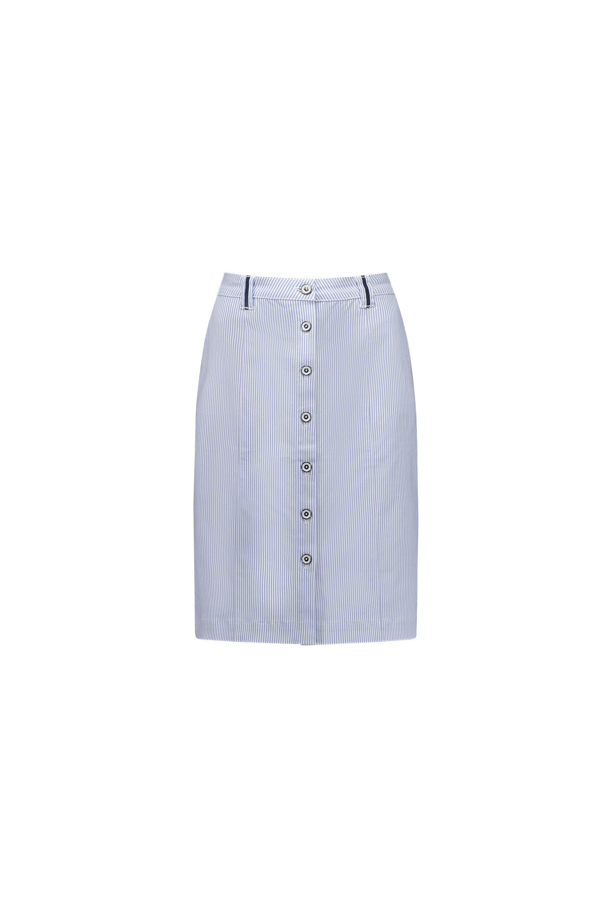 7049 Blue Stripe - Knee Length Skirt with Contrast Buttons and Trim - Vassalli