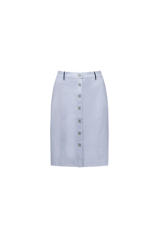 7049 Blue Stripe - Knee Length Skirt with Contrast Buttons and Trim - Vassalli
