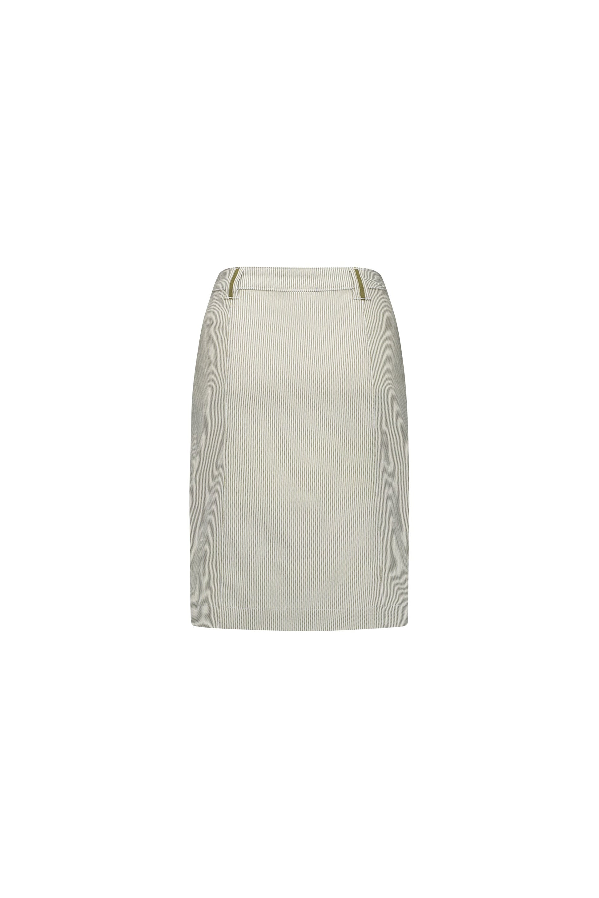 7049 Khaki Stripe - Knee Length Skirt with Contrast Buttons and Trim - Vassalli