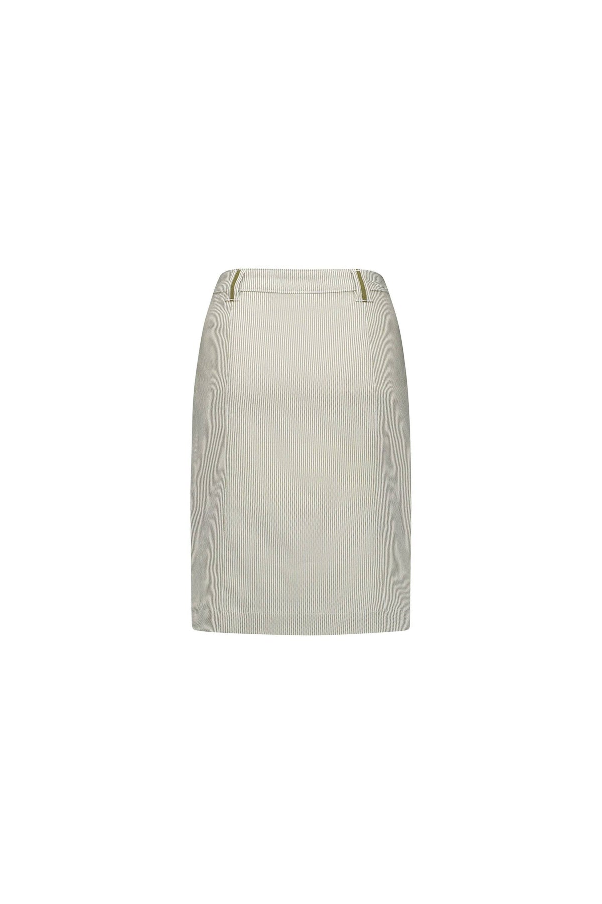 The Vassalli Orion Skirt in Khaki Stripe is a light beige, knee-length skirt featuring subtle vertical stripes and two small gold zipper accents near the waistband, shown against a plain white background.