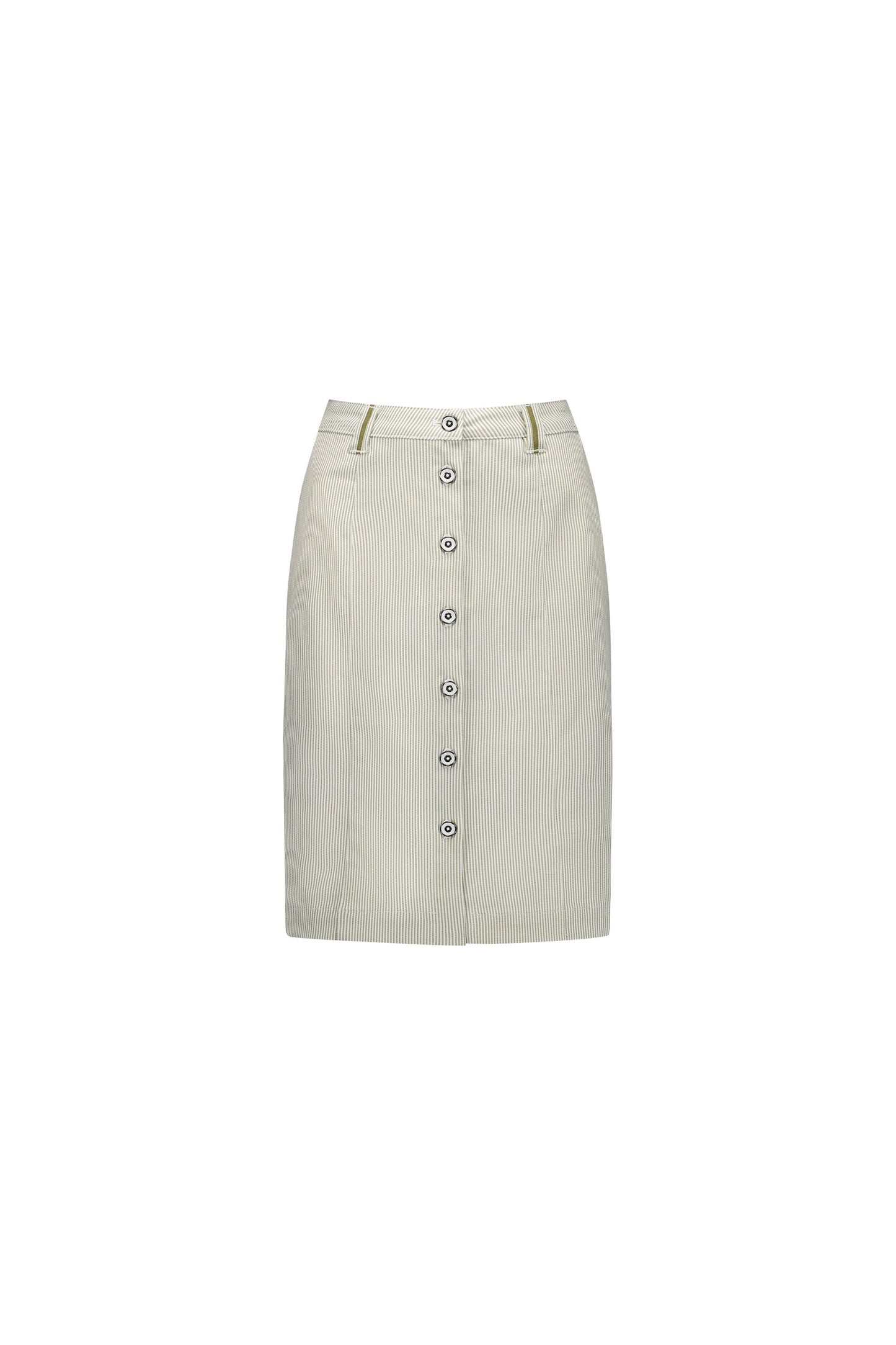 7049 Khaki Stripe - Knee Length Skirt with Contrast Buttons and Trim - Vassalli