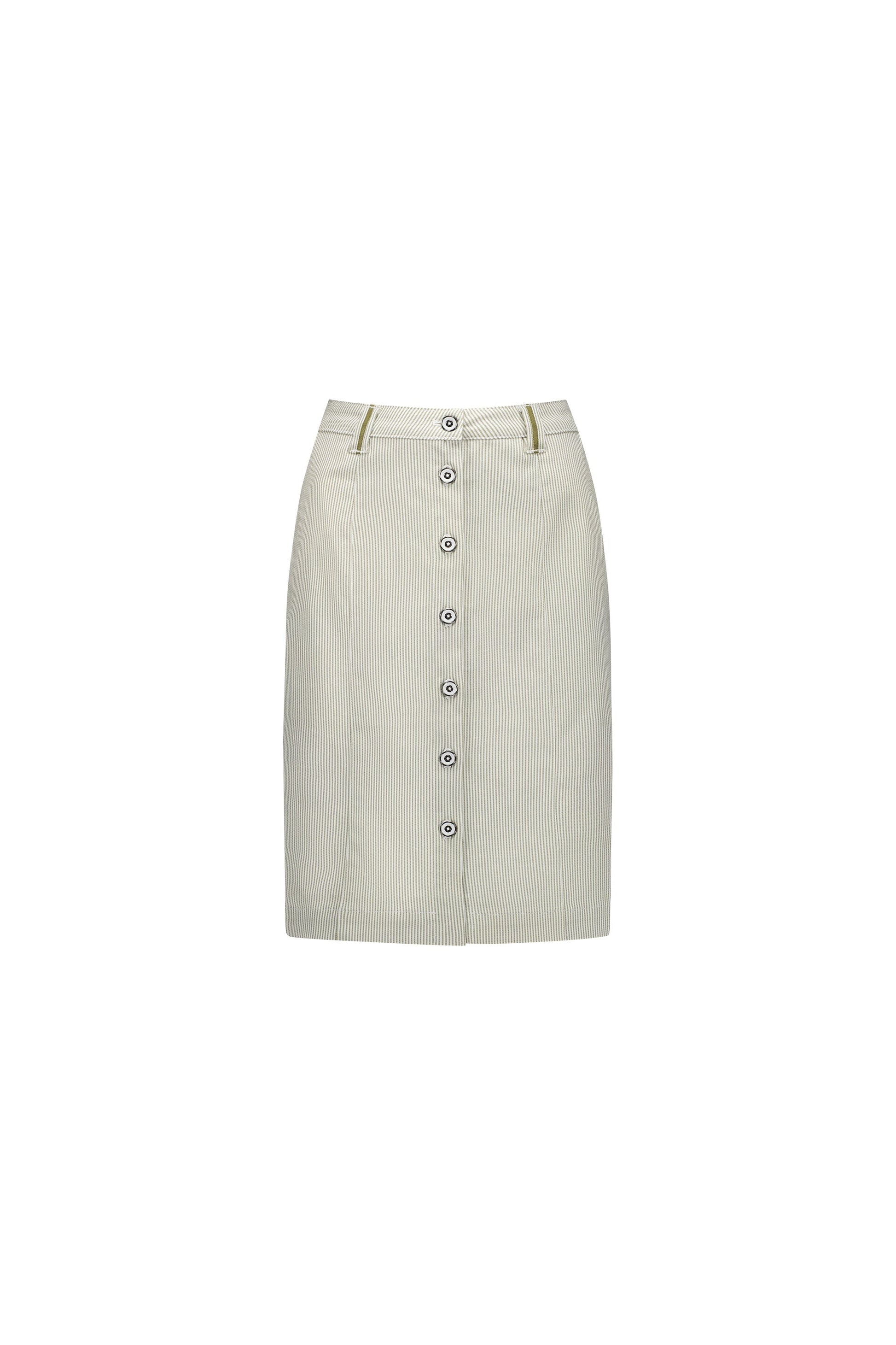 7049 Khaki Stripe - Knee Length Skirt with Contrast Buttons and Trim - Vassalli