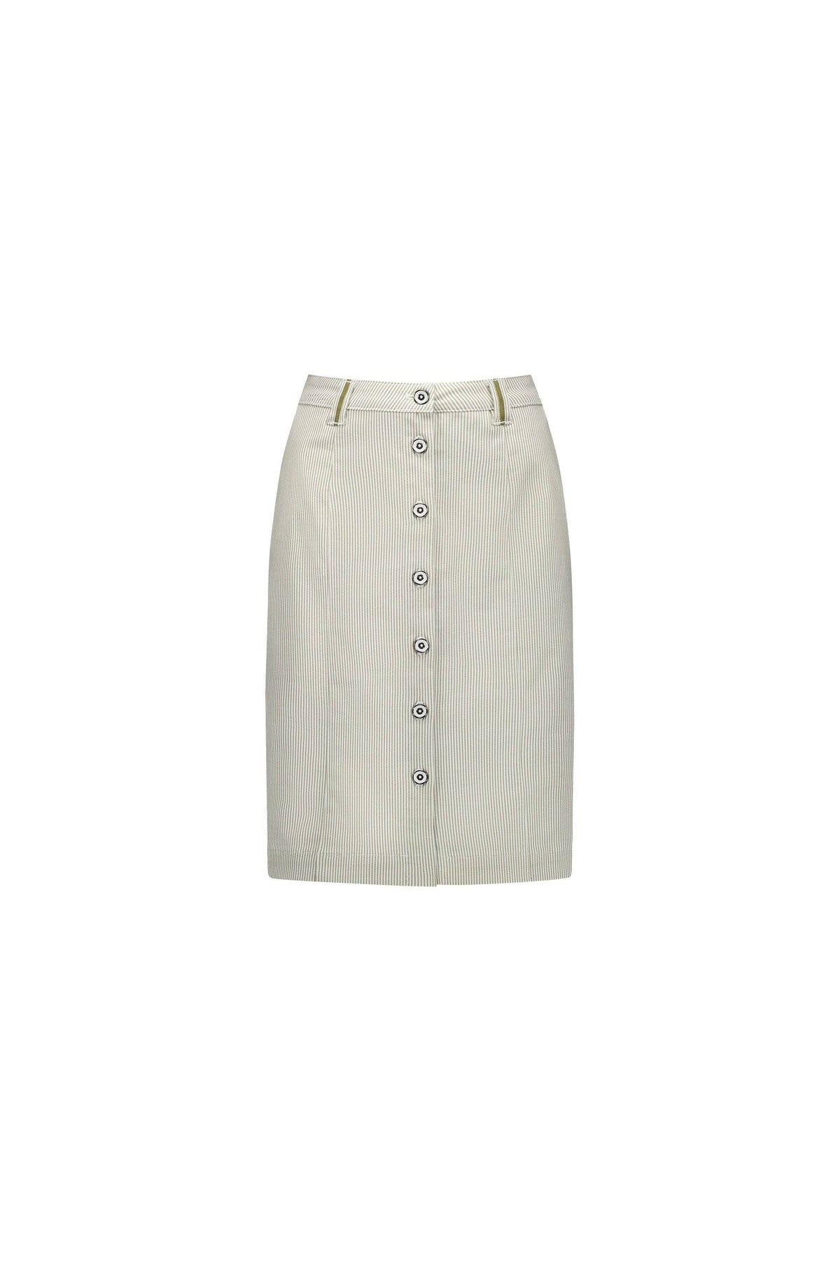 The Vassalli Orion Skirt in Khaki Stripe is a knee-length skirt featuring thin vertical stripes, a front button closure, and two belt loops at the waist, displayed on a white background.
