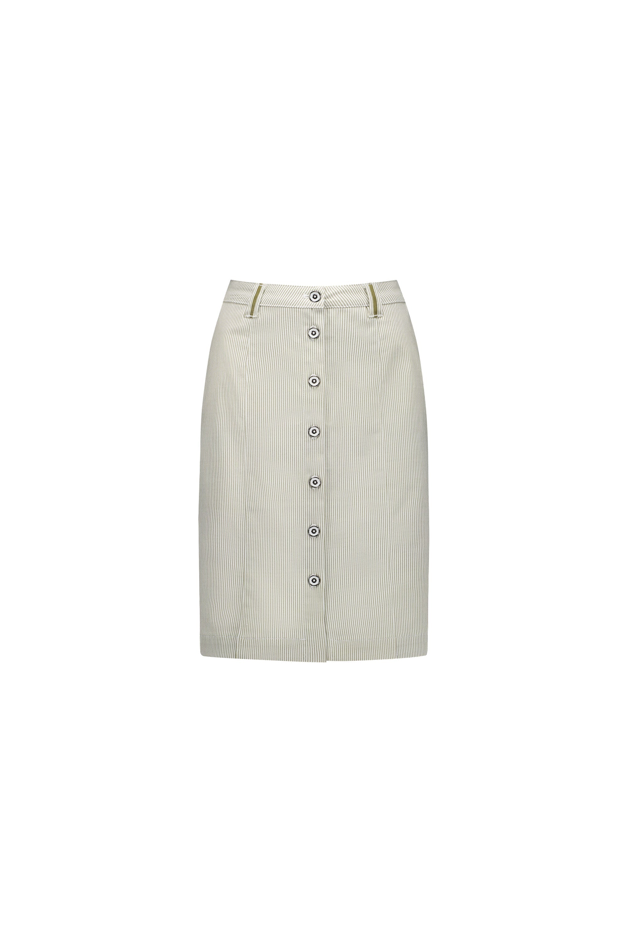 7049 Khaki Stripe - Knee Length Skirt with Contrast Buttons and Trim - Vassalli
