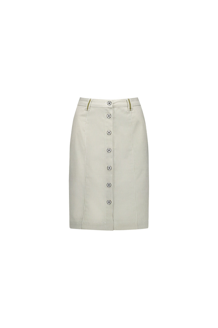 7049 Khaki Stripe - Knee Length Skirt with Contrast Buttons and Trim - Vassalli