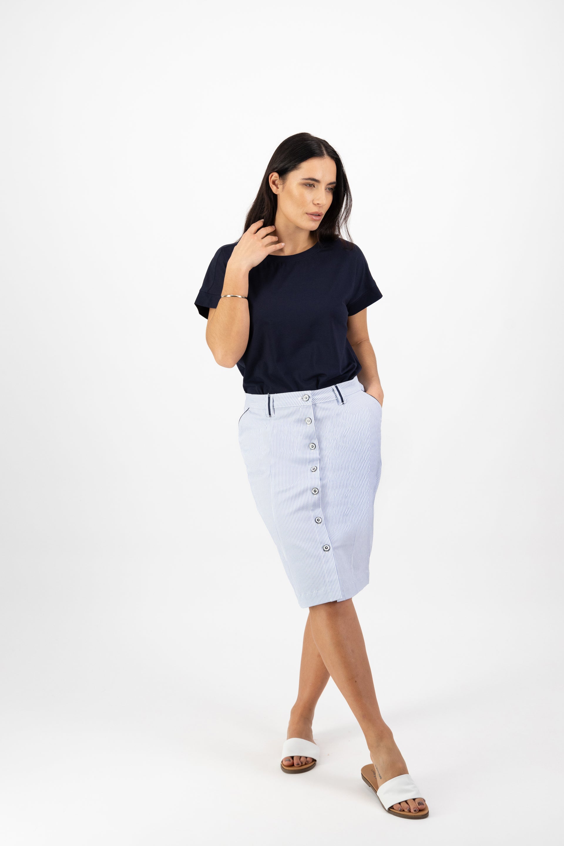7049 Knee Length Skirt - Blue Stripe - Vassalli