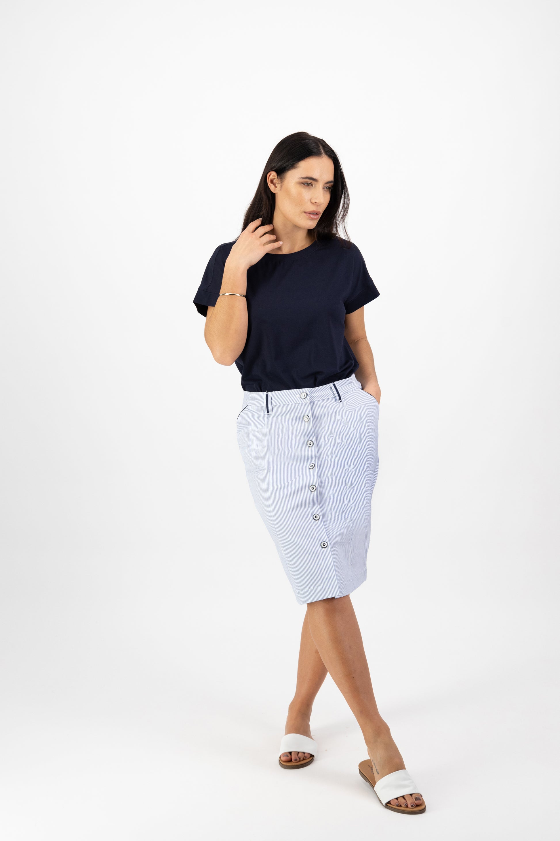 7049 Blue Stripe - Knee Length Skirt with Contrast Buttons and Trim - Vassalli