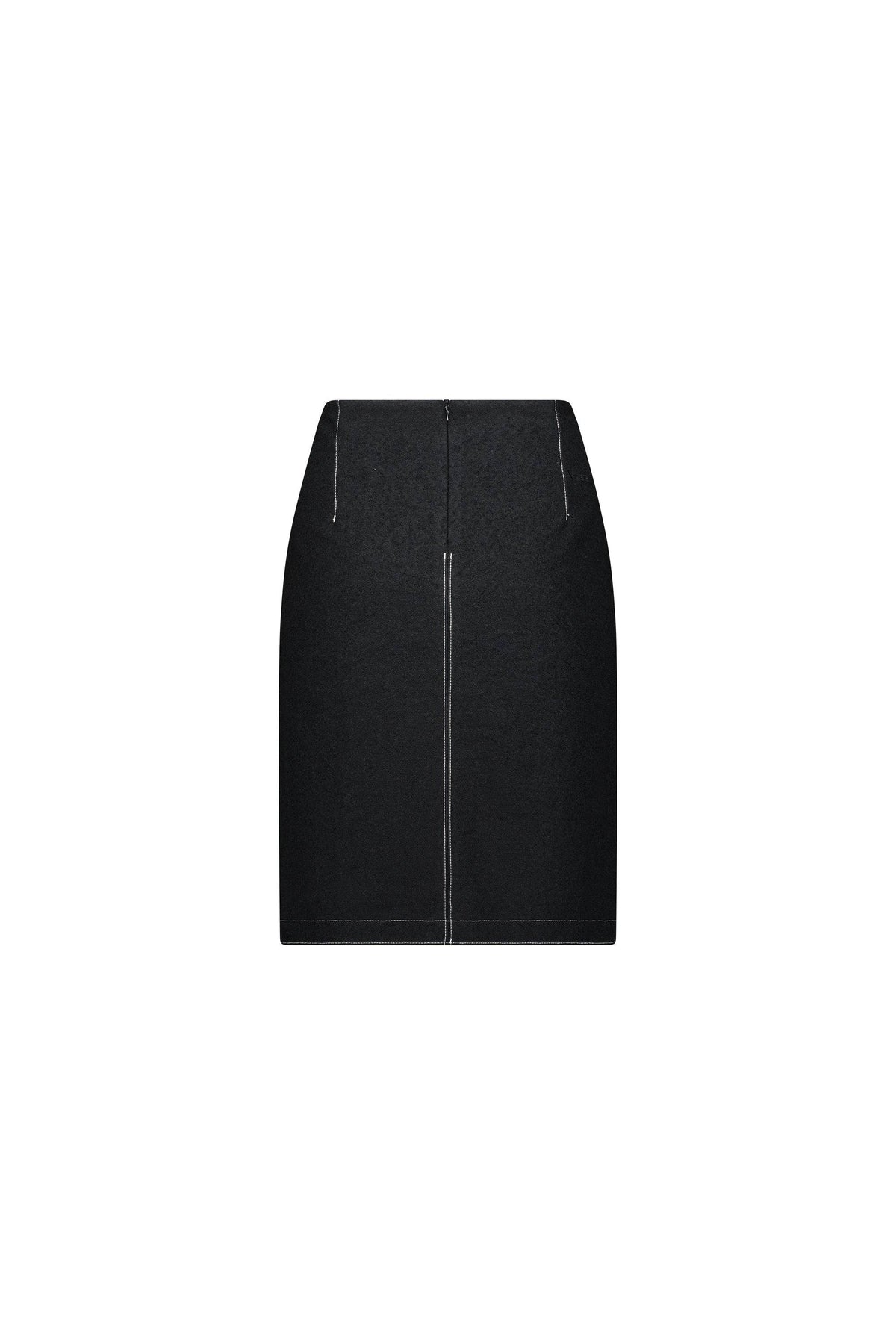 A Vassalli Knee Length Skirt in black, featuring a high-waisted, straight-cut design with prominent white stitching and a central seam, displayed against a plain white background.
