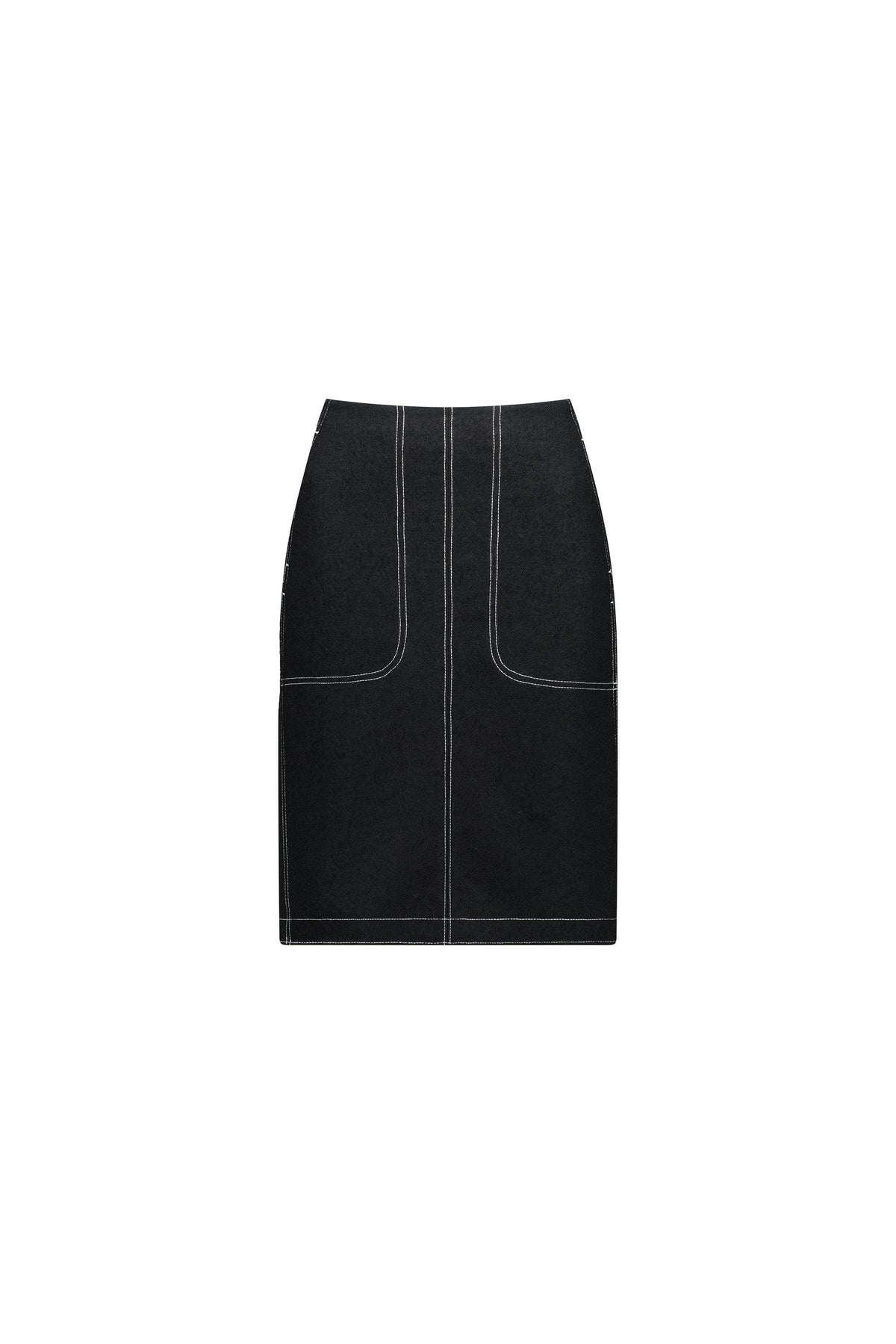The Vassalli Knee Length Skirt in black features white contrast stitching, front seams, and two large front patch pockets, shown against a plain white background.