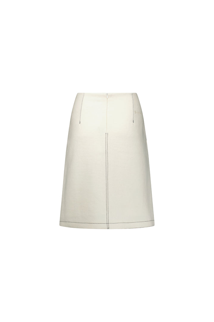 7054W Off White - Knee Length Skirt with Front Patch Pockets and Contrast Stitch - Vassalli