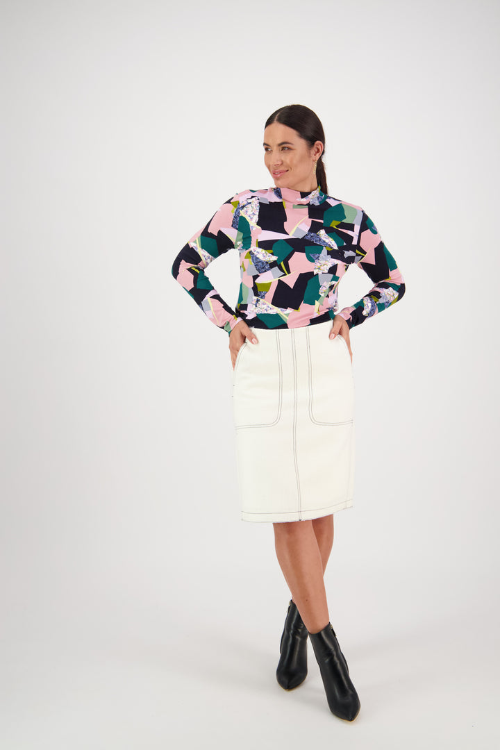 7054W Off White - Knee Length Skirt with Front Patch Pockets and Contrast Stitch - Vassalli