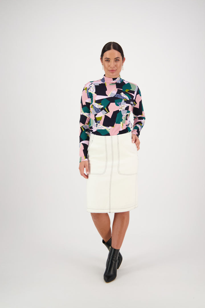 7054W Off White - Knee Length Skirt with Front Patch Pockets and Contrast Stitch - Vassalli
