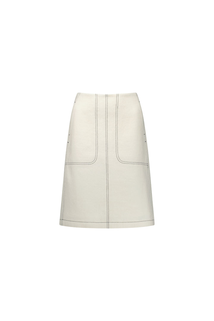 7054W Off White - Knee Length Skirt with Front Patch Pockets and Contrast Stitch - Vassalli