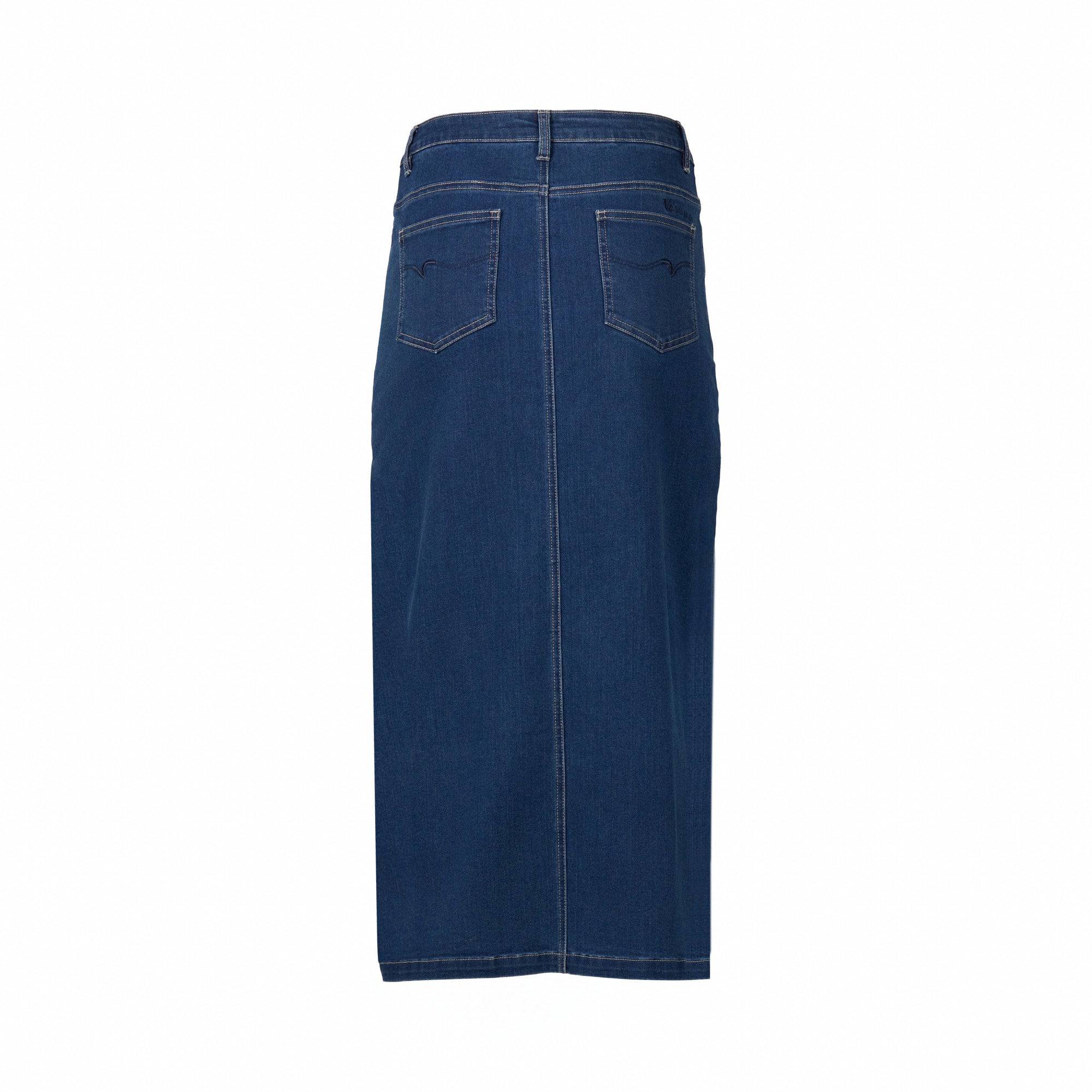 The Vassalli Mid Length Skirt in blue denim is shown from the back, featuring stretch fabric, two back pockets, belt loops, and visible stitching against a white background.