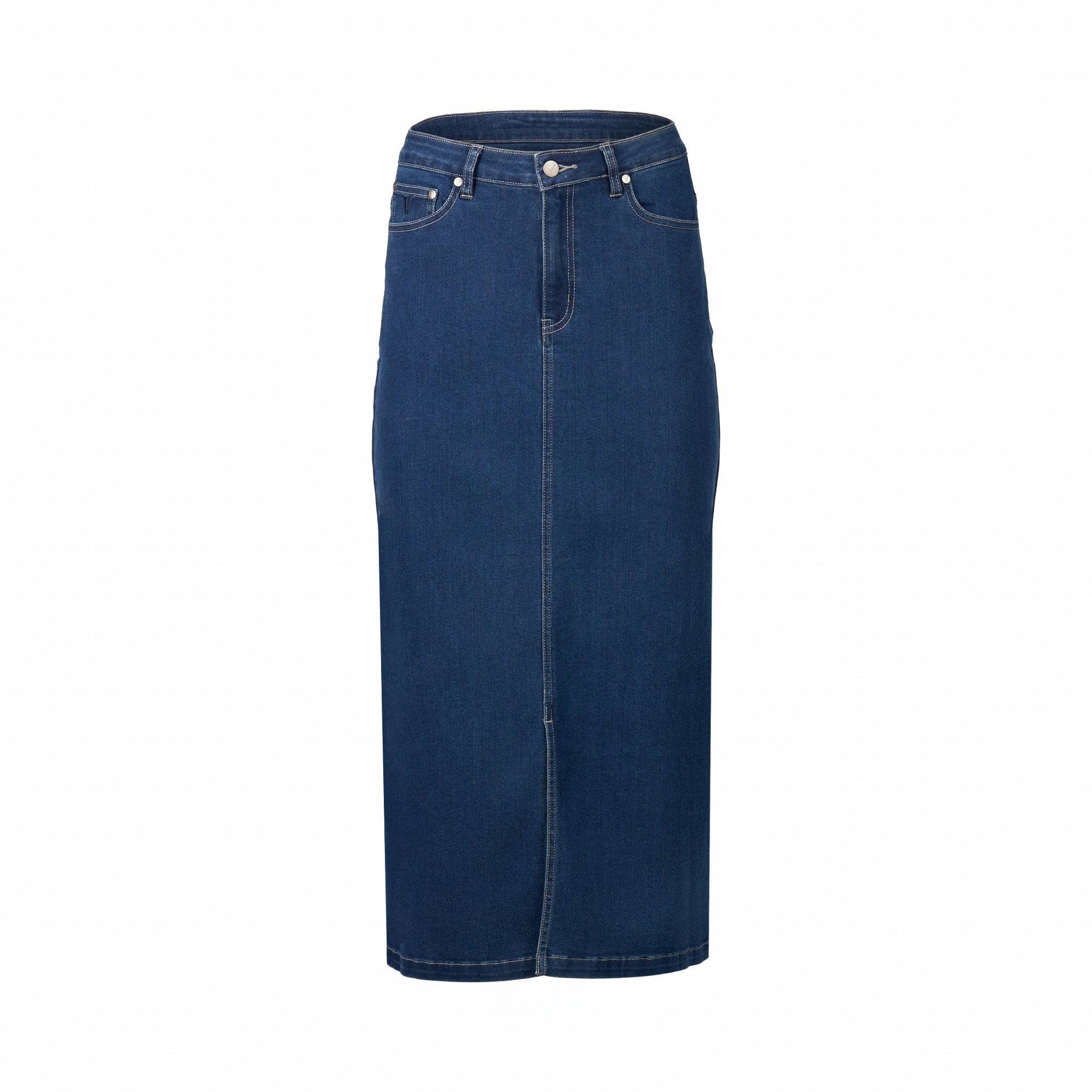 The Vassalli Mid Length Skirt - Blue Denim features a high waist, belt loops, front button and zip closure, visible stitching, front pockets, straight-cut design, and comfortable stretch fabric.