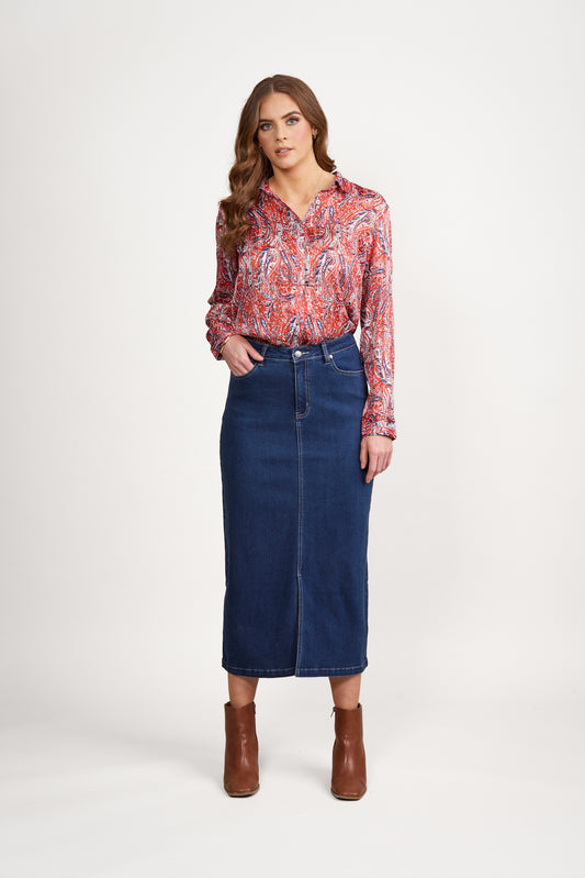 7056 Blue Denim - Mid Length Skirt with Centre Front Split - Vassalli