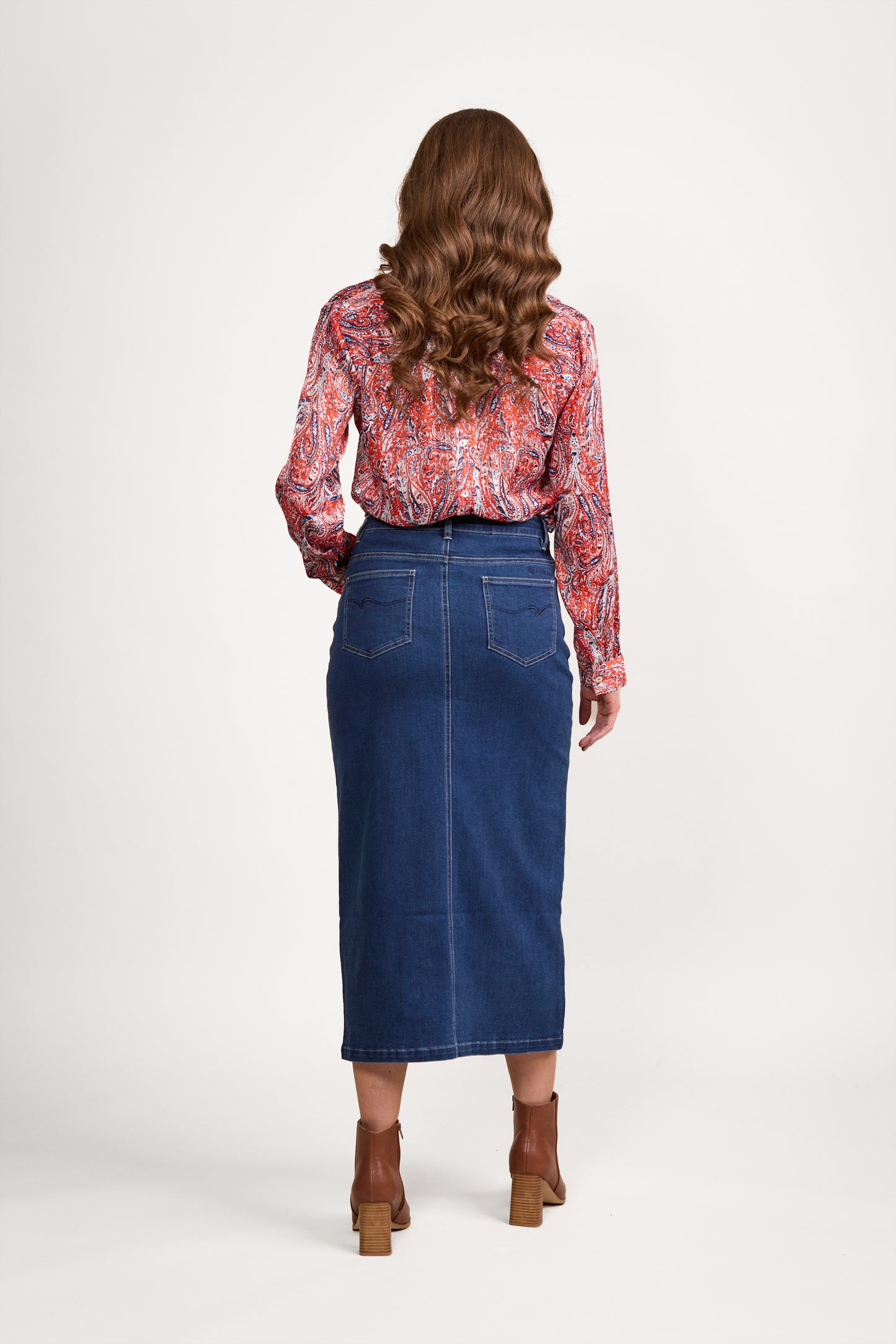 7056 Blue Denim - Mid Length Skirt with Centre Front Split - Vassalli