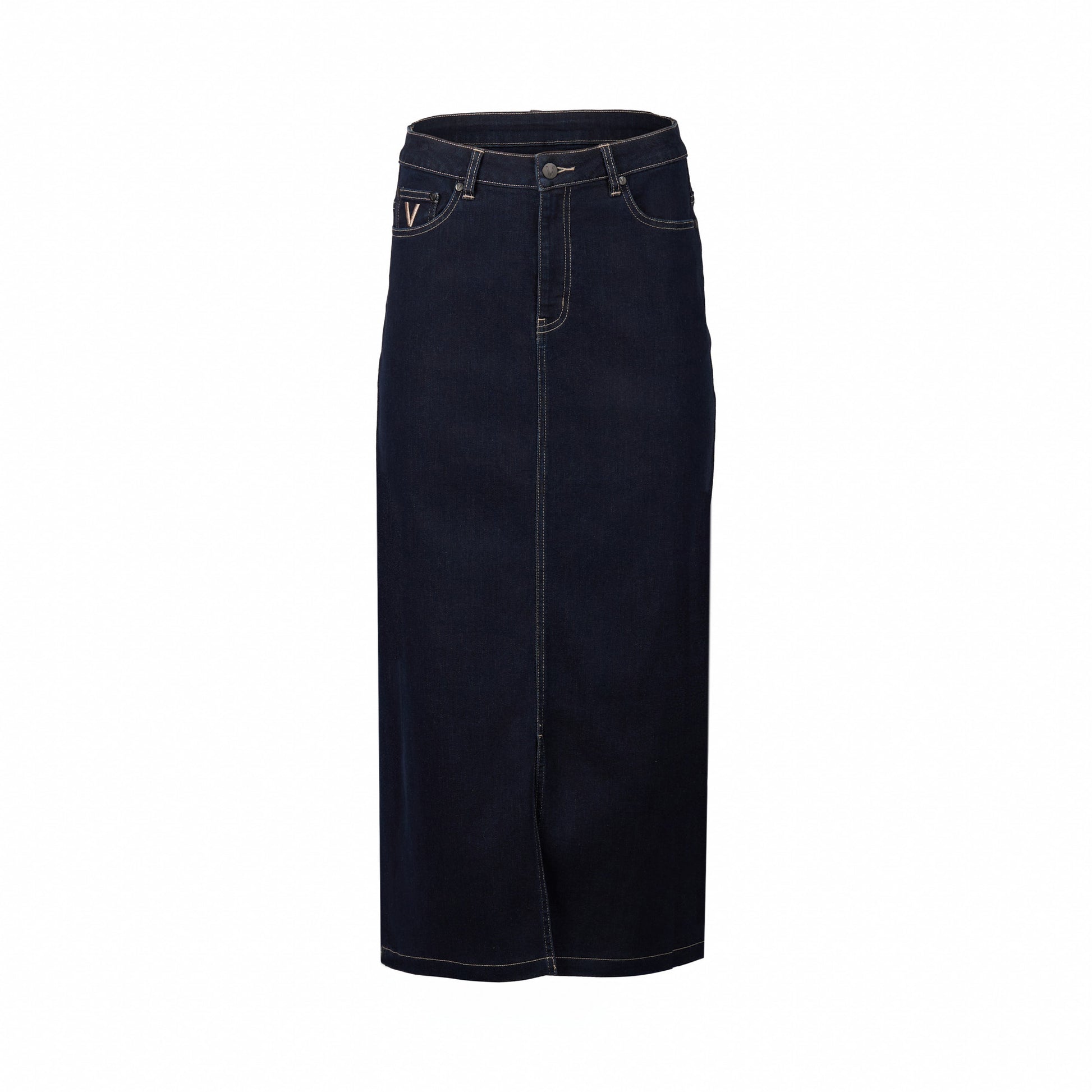 7056 Ink Denim - Mid Length Skirt with Centre Front Split - Vassalli