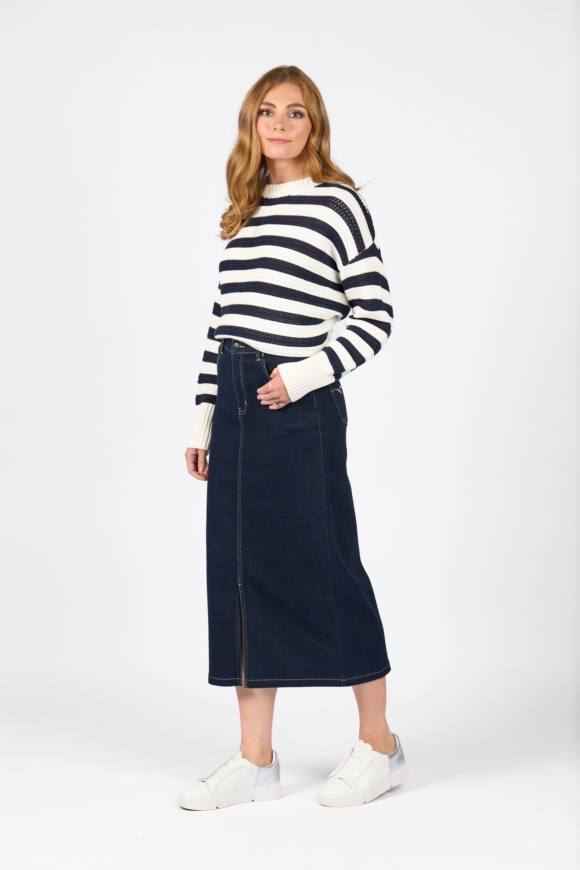 7056 Ink Denim - Mid Length Skirt with Centre Front Split - Vassalli