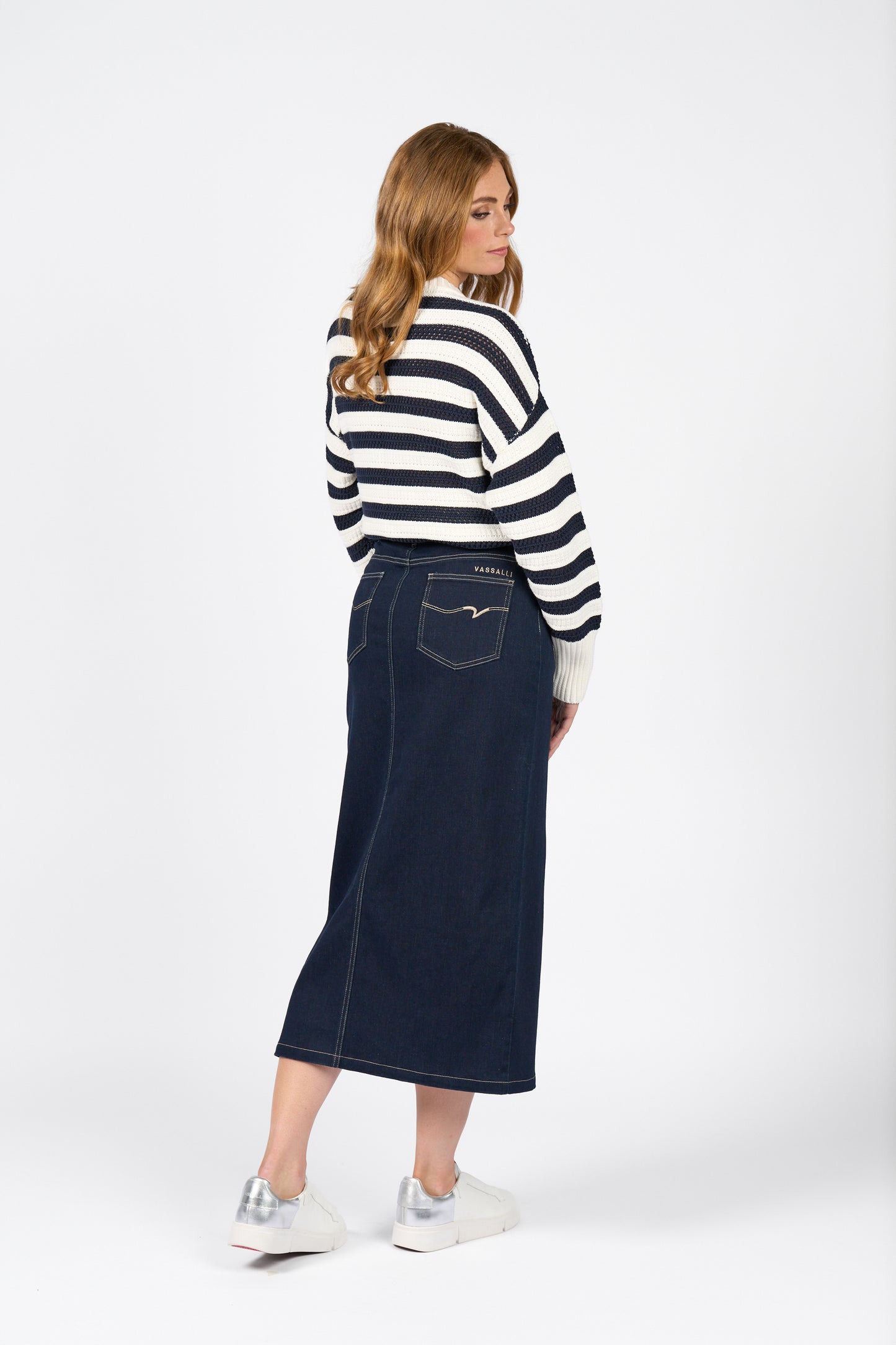 7056 Ink Denim - Mid Length Skirt with Centre Front Split - Vassalli