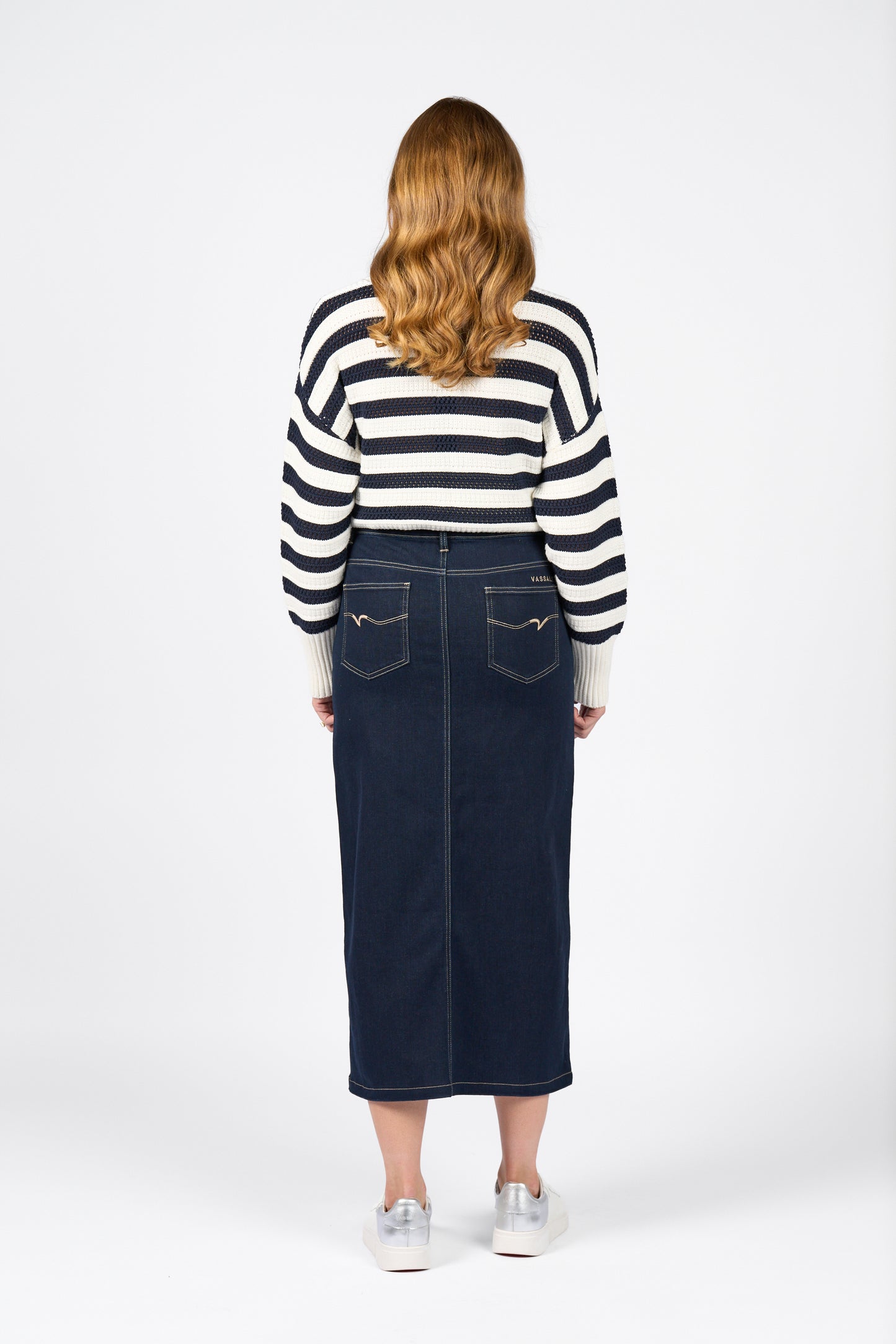 7056 Ink Denim - Mid Length Skirt with Centre Front Split - Vassalli