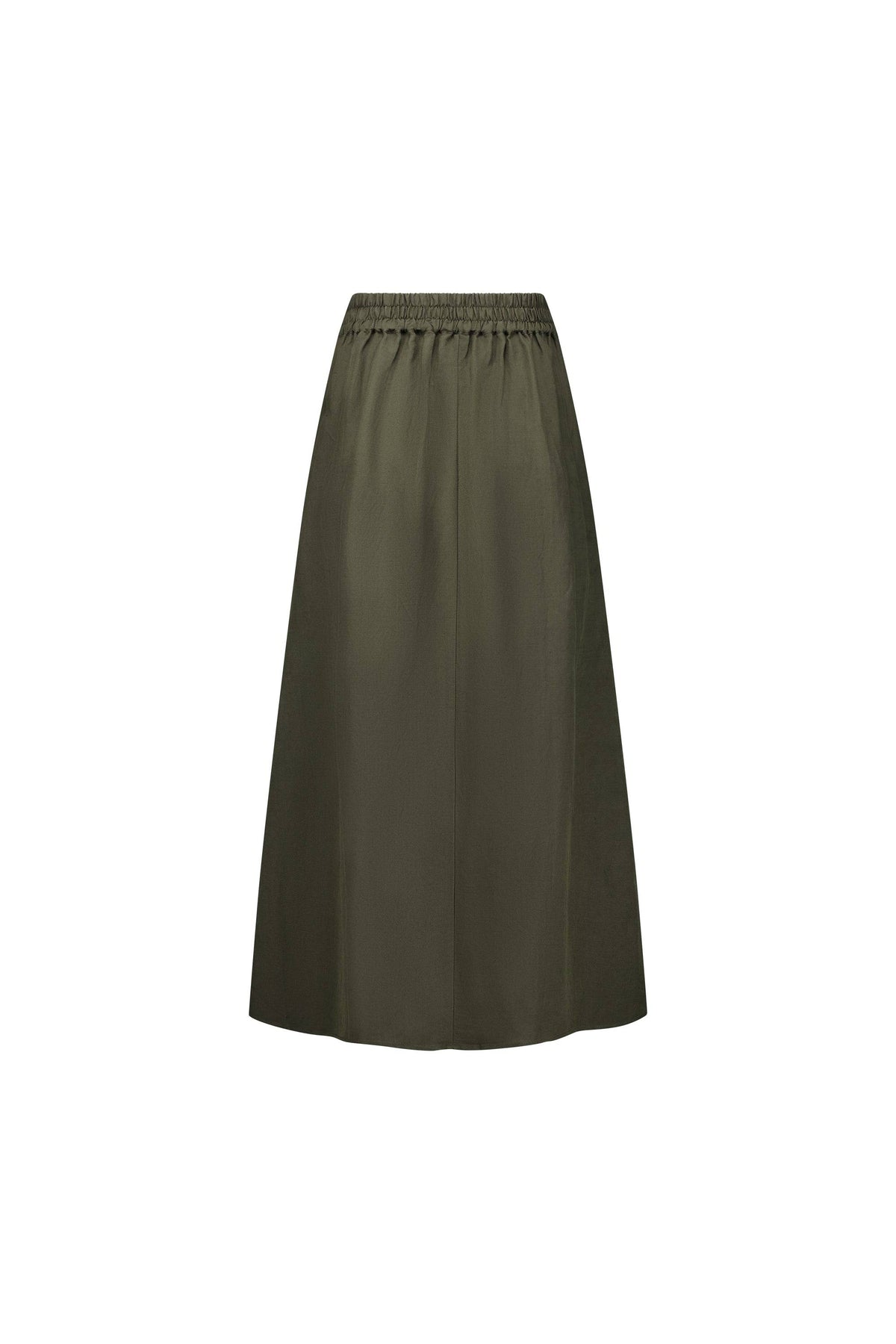 A khaki Vassalli long pull-on skirt with an elastic waistband is shown against a plain white background.