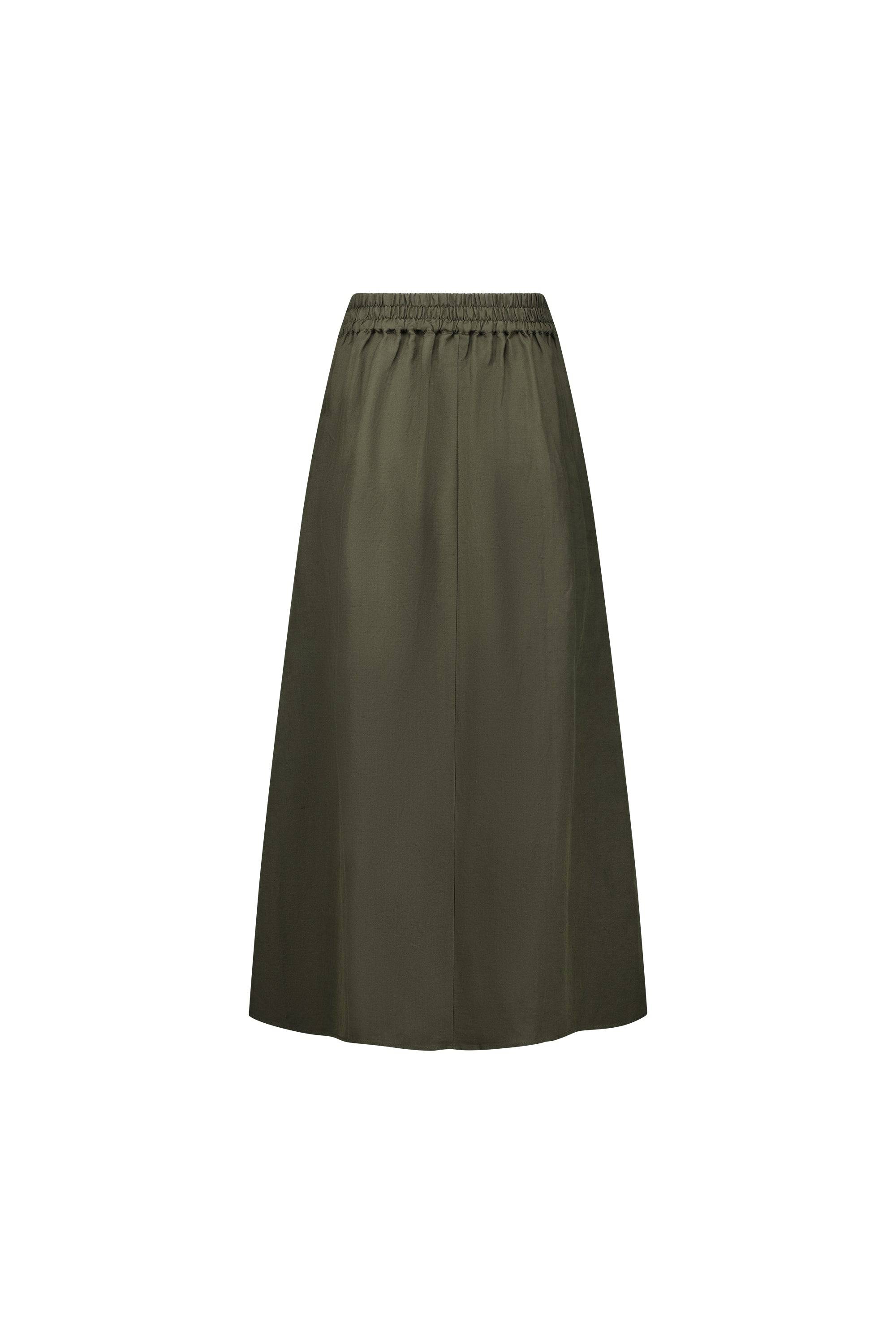 7057 Khaki - Pull-On Long Skirt with Elastic Back Waistband - Vassalli