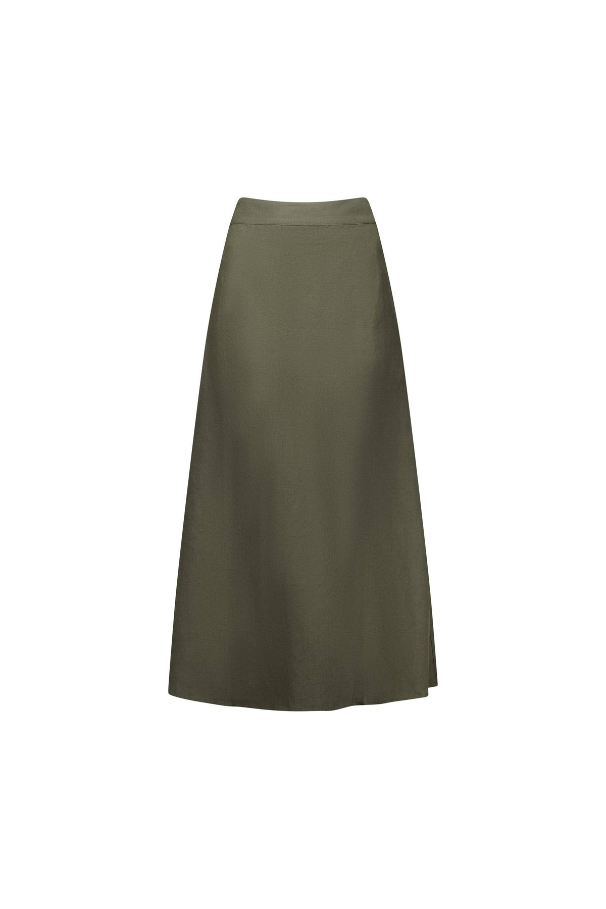 Vassalli Long Skirt - Khaki: A minimalist, smooth-textured, olive green A-line skirt with an elastic waistband and knee-length fit, displayed against a white background.