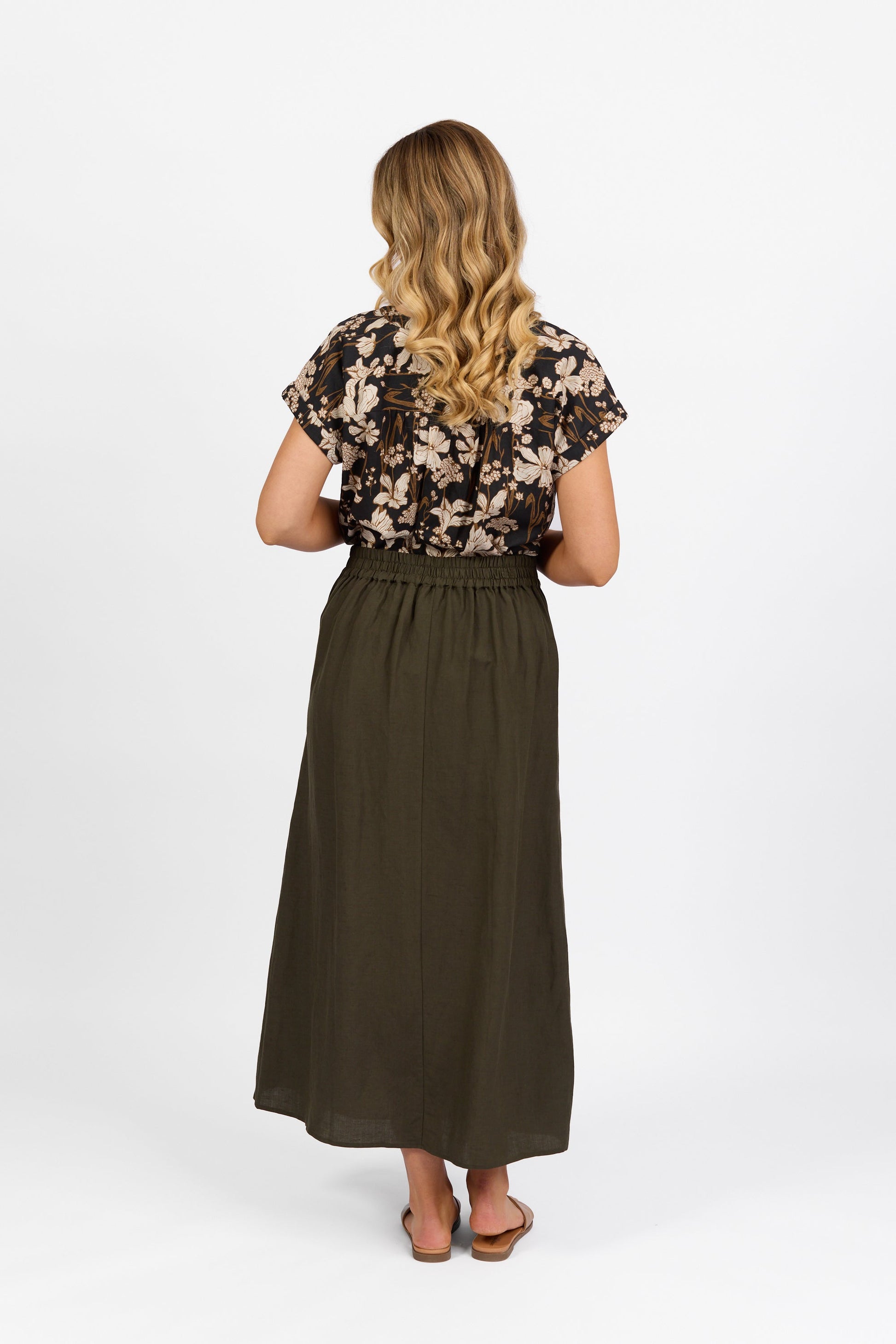 7057 Khaki - Pull-On Long Skirt with Elastic Back Waistband - Vassalli