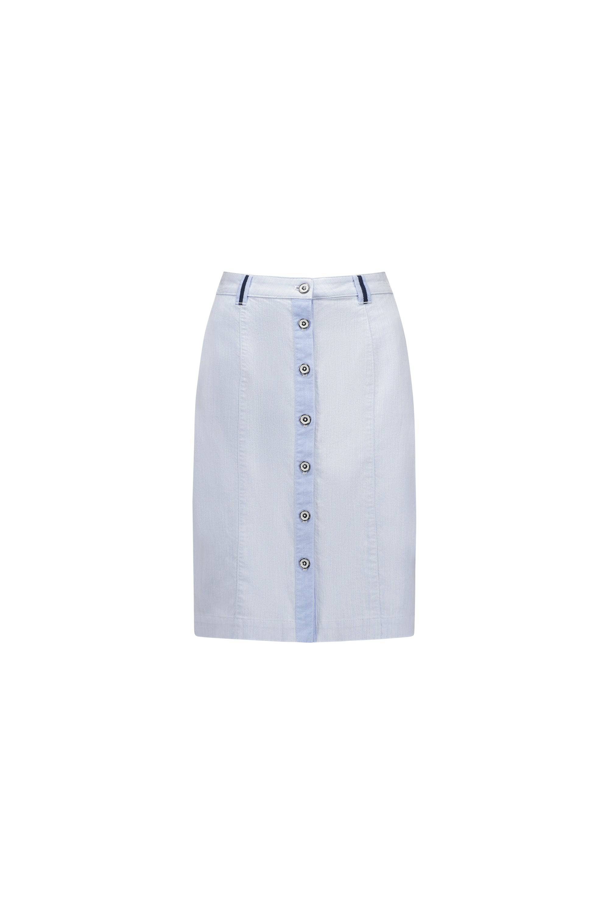 7058 Sky Blue - Knee Length Skirt with Contrast Buttons and Trim - Vassalli