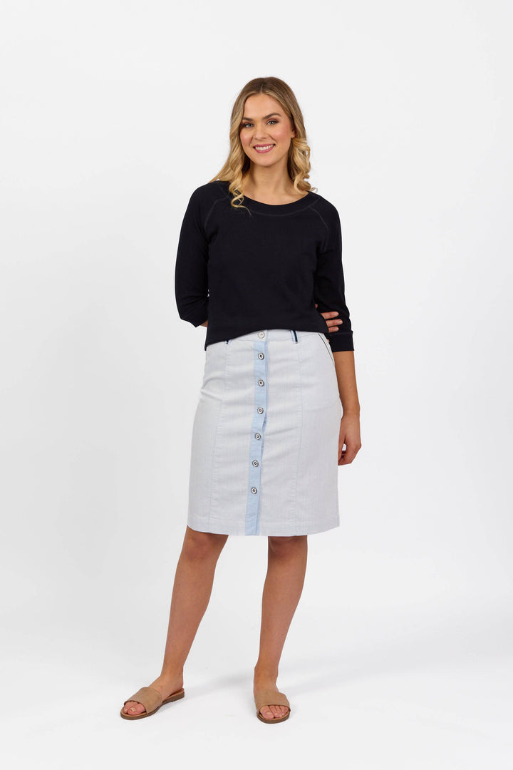 7058 Sky Blue - Knee Length Skirt with Contrast Buttons and Trim - Vassalli