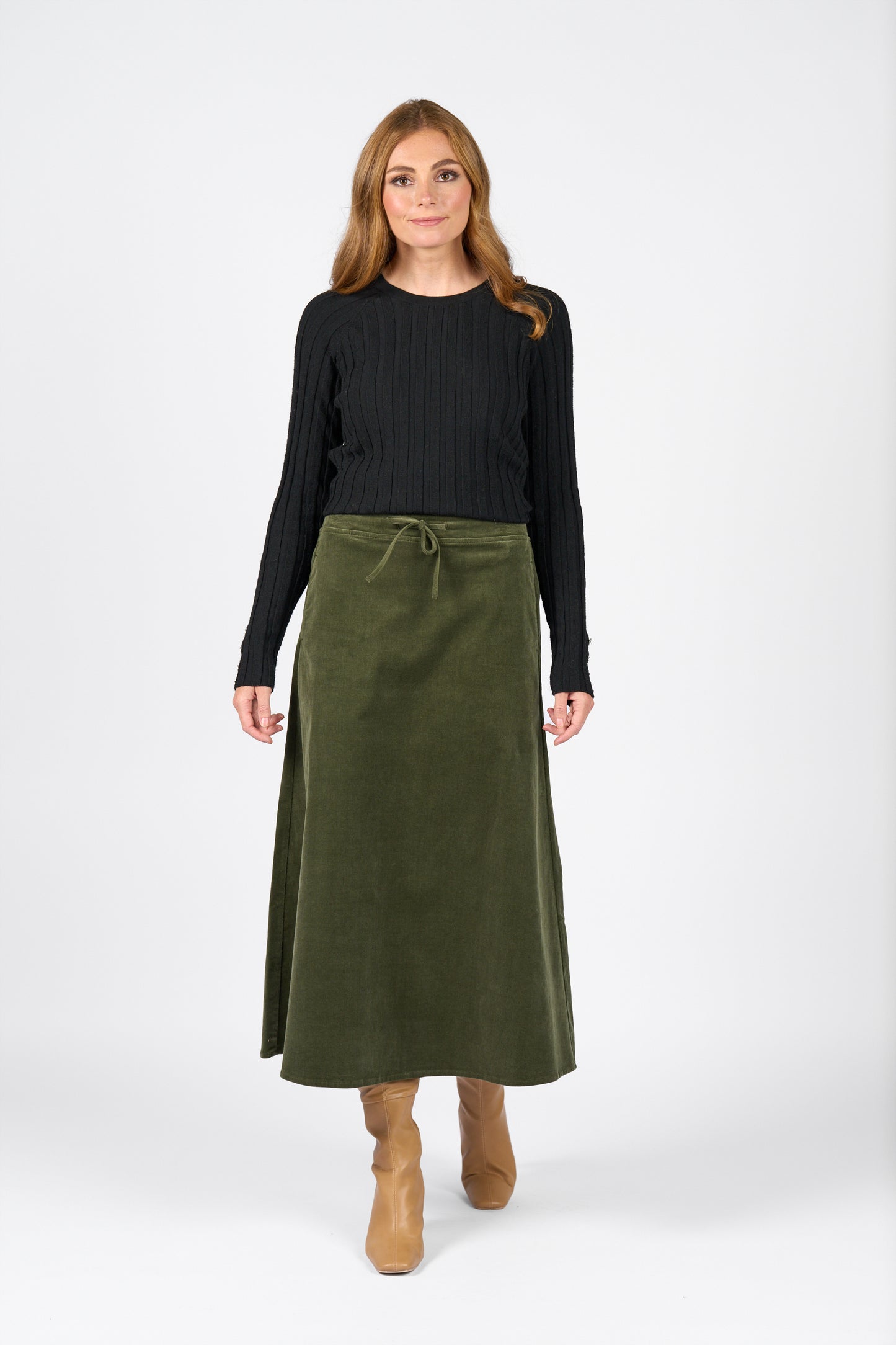 7060M Deep Sage - A Line Pull On Cord Skirt with Drawcord - Vassalli