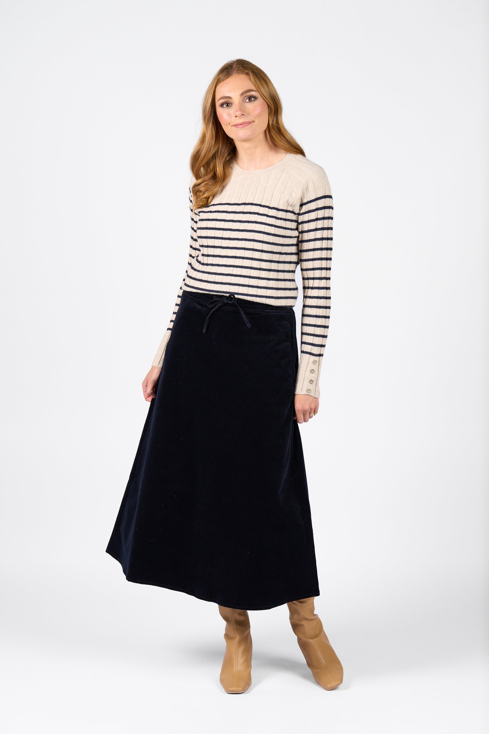 7060M Midnight - A Line Pull On Cord Skirt with Drawcord - Vassalli