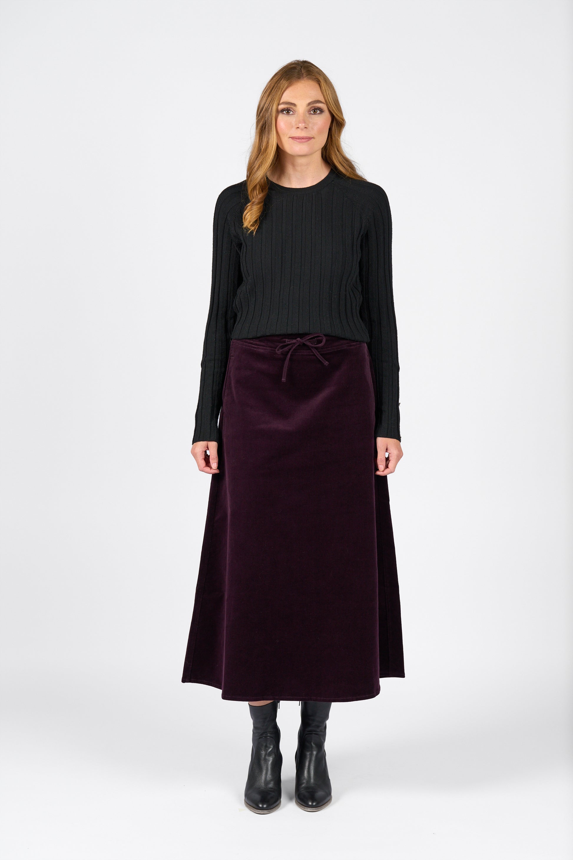 7060M Mulberry - A Line Pull On Cord Skirt with Drawcord - Vassalli