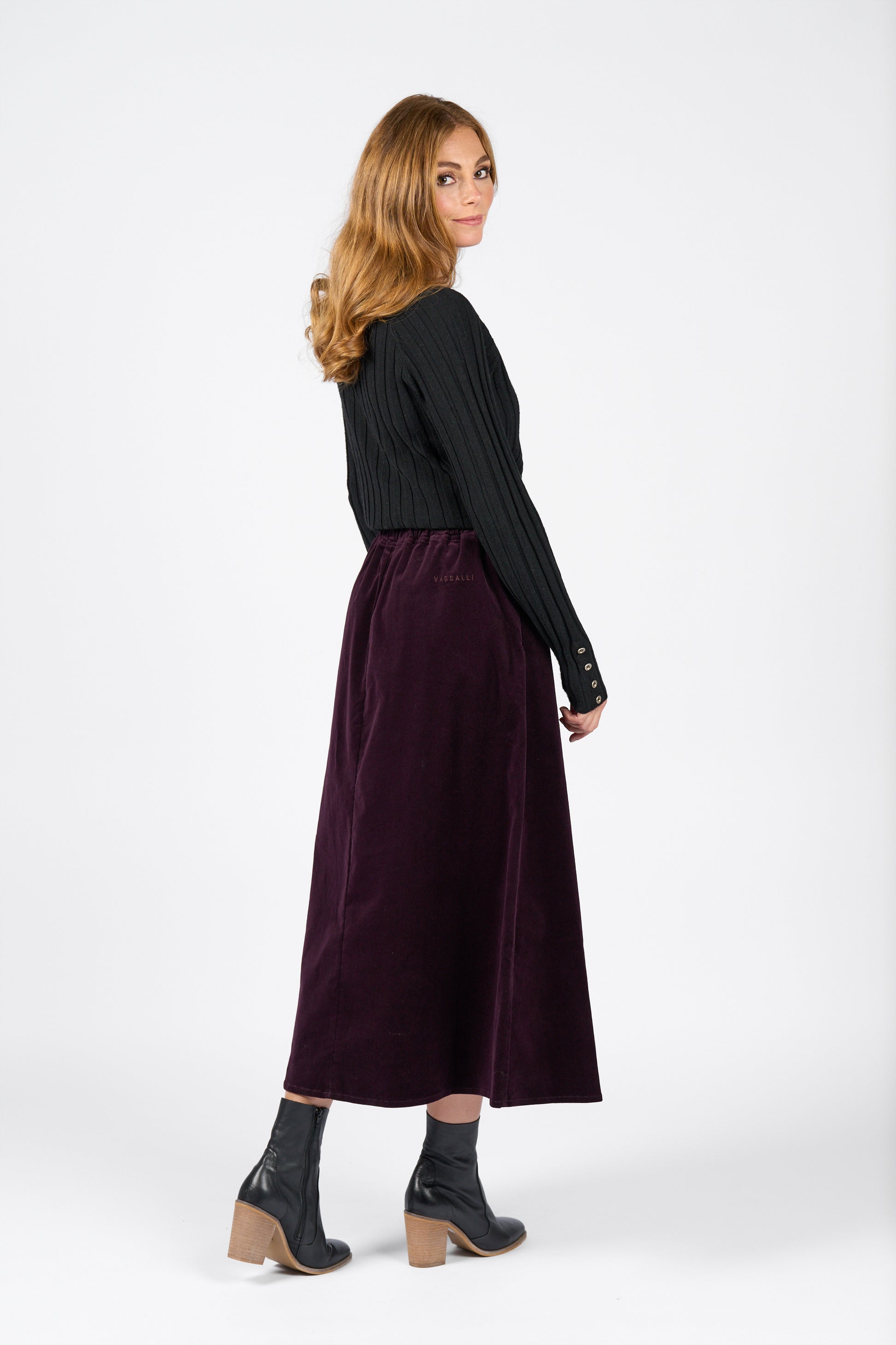 7060M Mulberry - A Line Pull On Cord Skirt with Drawcord - Vassalli