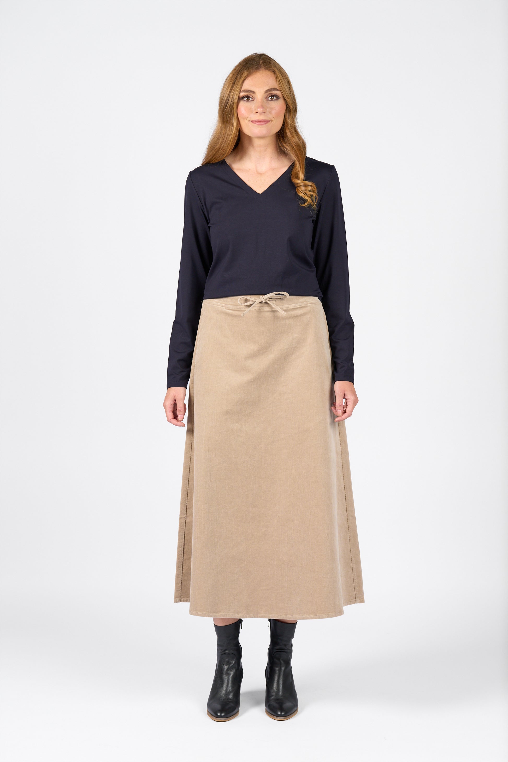 7060M Oat - A Line Pull On Cord Skirt with Drawcord - Vassalli