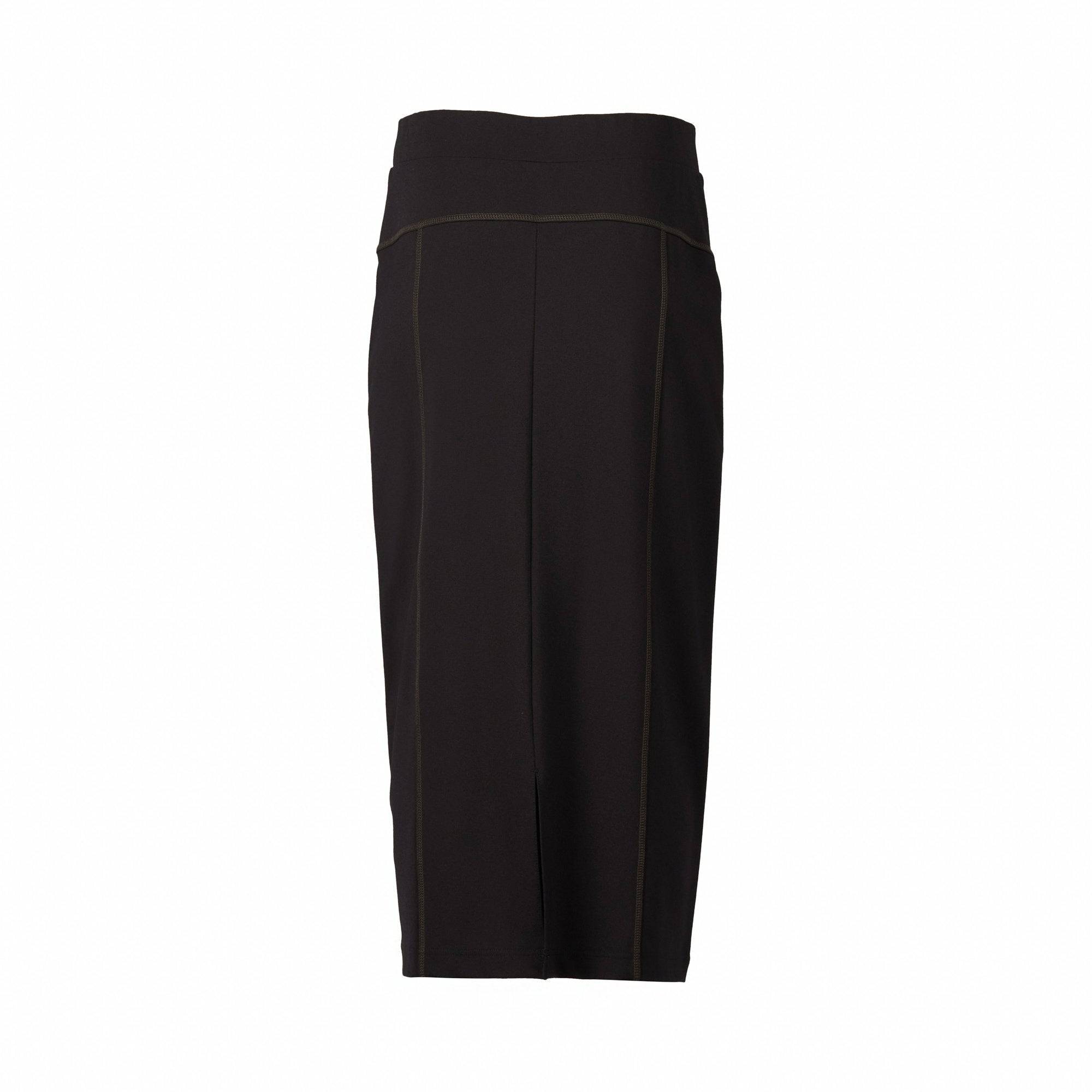 A Vassalli Skirt in Black/Khaki, knee-length with subtle vertical seam details and an elastic waistband, is shown against a plain white background.