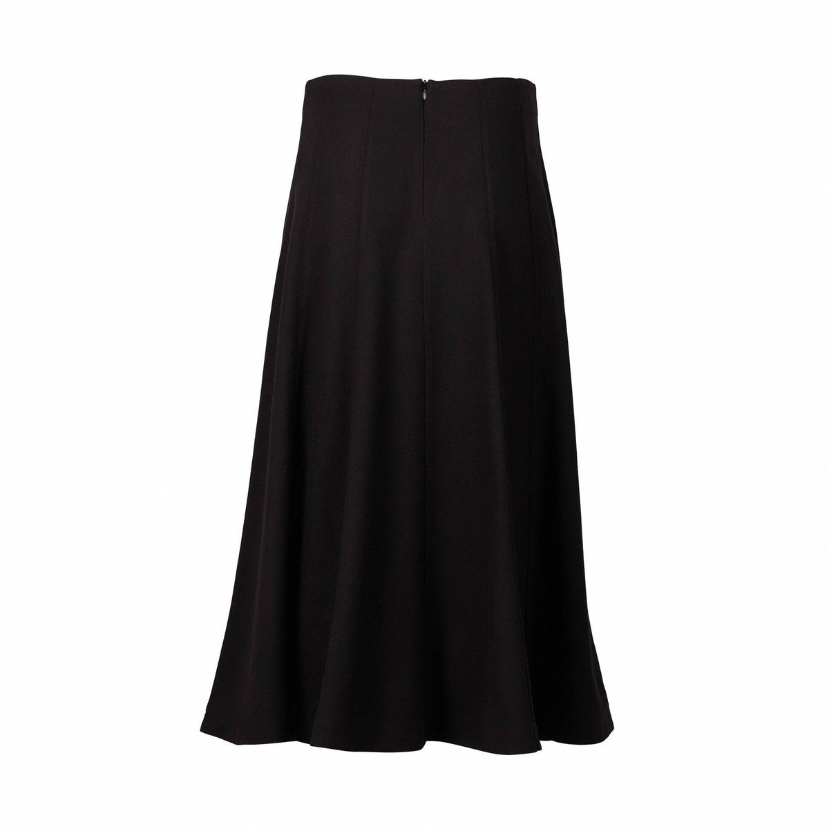 Vassalli's Panelled Skirt in black is a high-waisted, wool midi skirt with subtle seam details and a flared hem, shown on a white background.